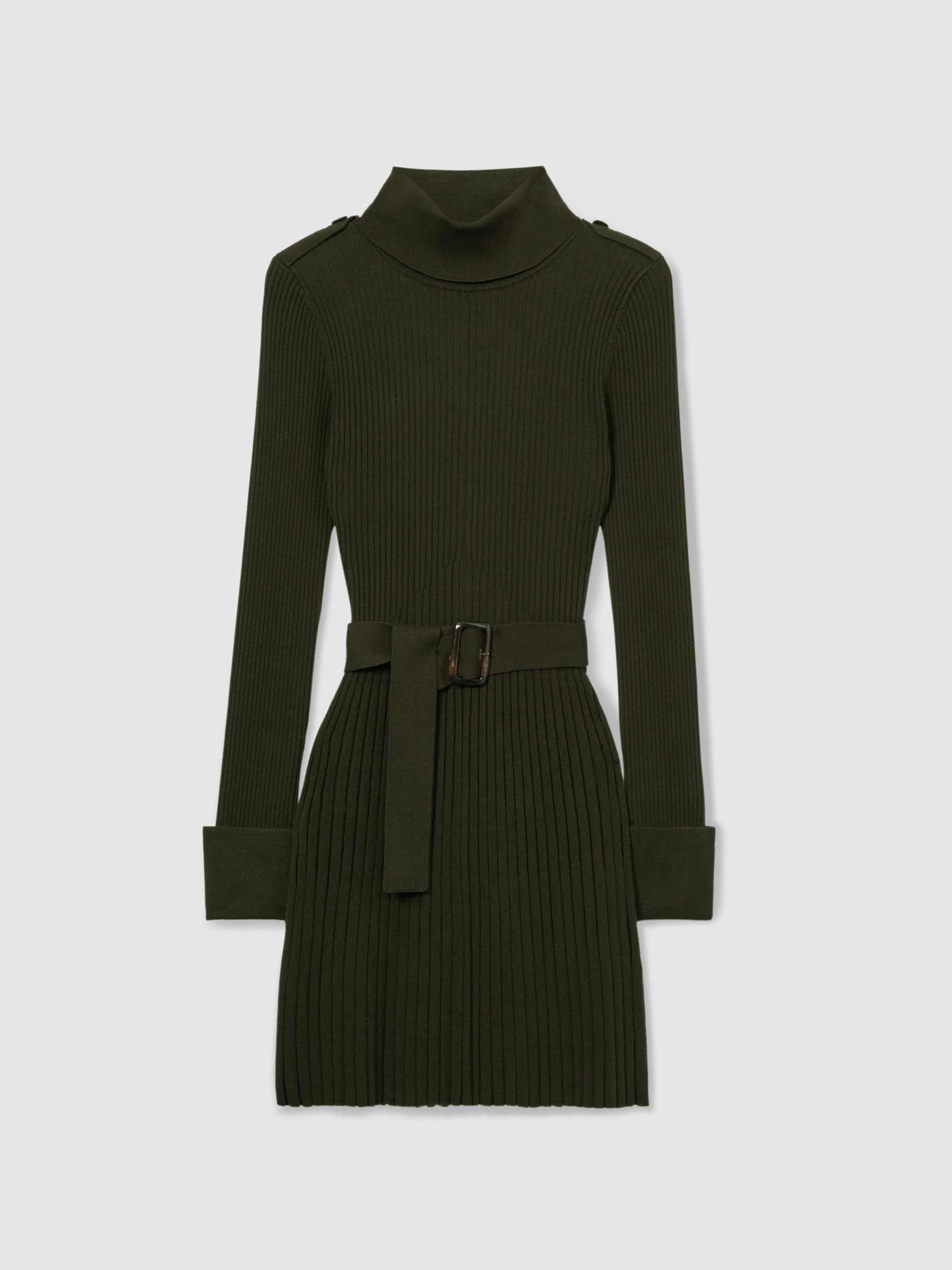Roll-Neck Ribbed Mini Dress in Khaki - Image 2 of 6