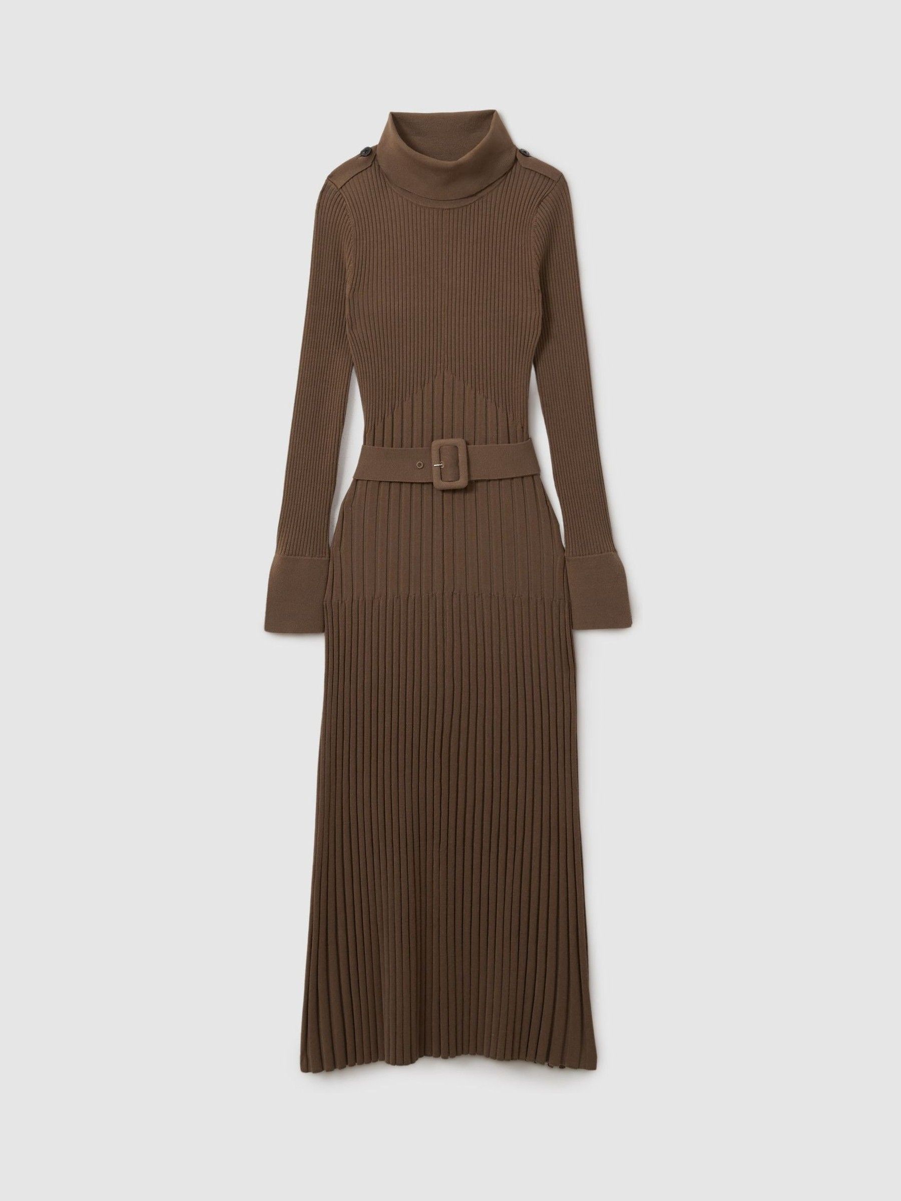 Ribbed Roll Neck Belted Midi Dress in Mocha - Image 2 of 6