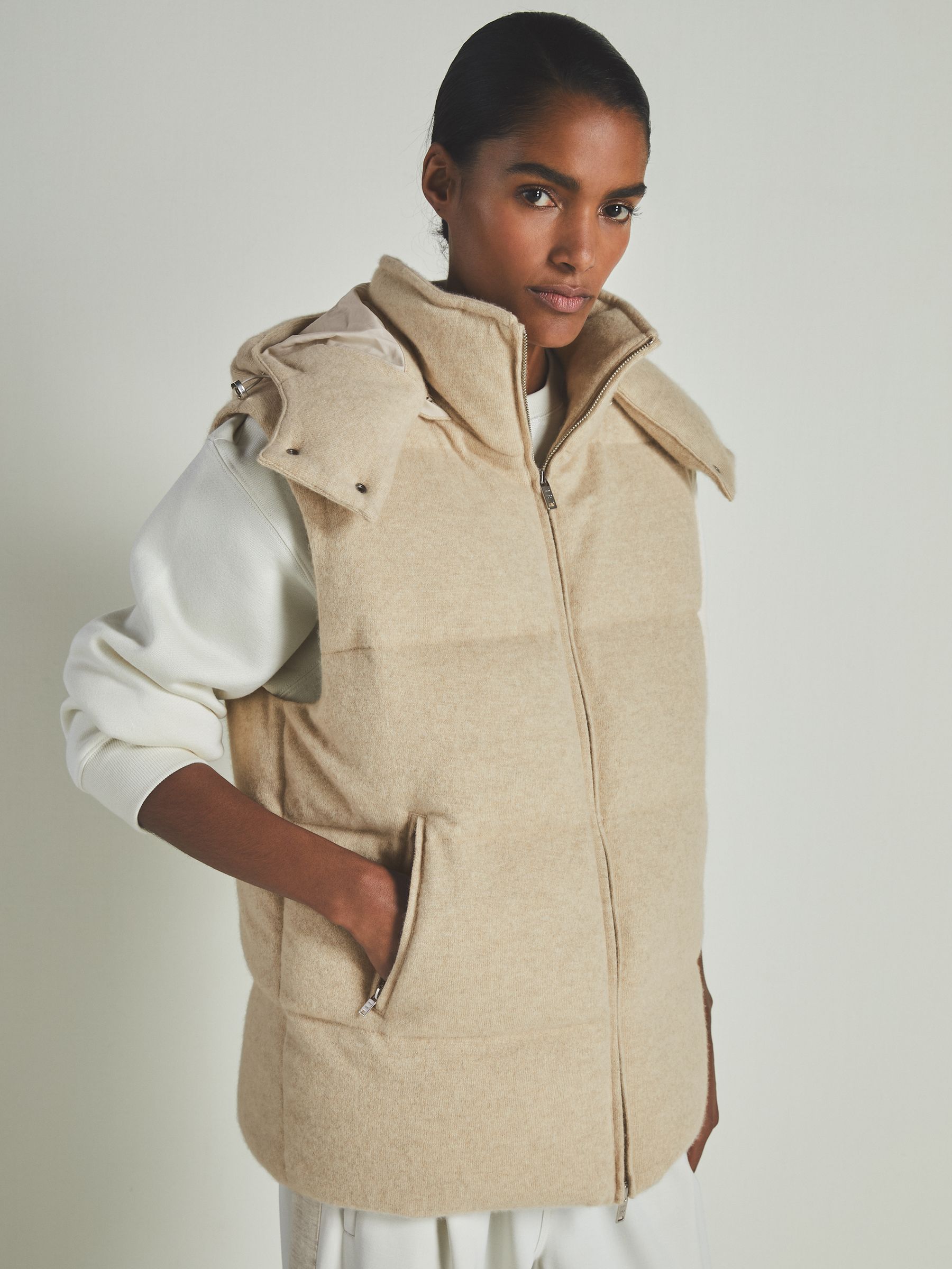 Reiss Reiss | Les 100 Ciels Brushed-Cashmere Down Gilet in Stone