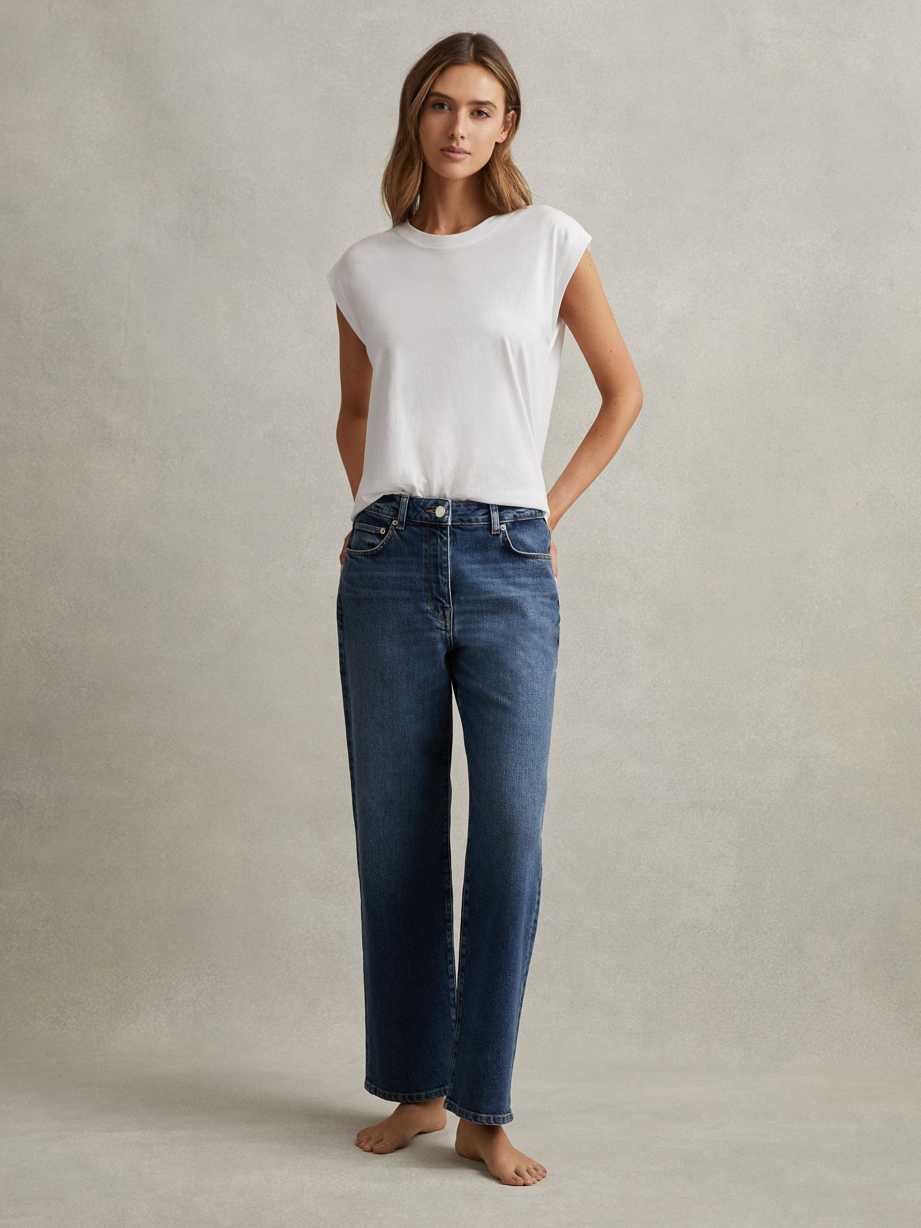 Petite Mid Rise Straight Leg Jeans in Mid Blue - image 3
