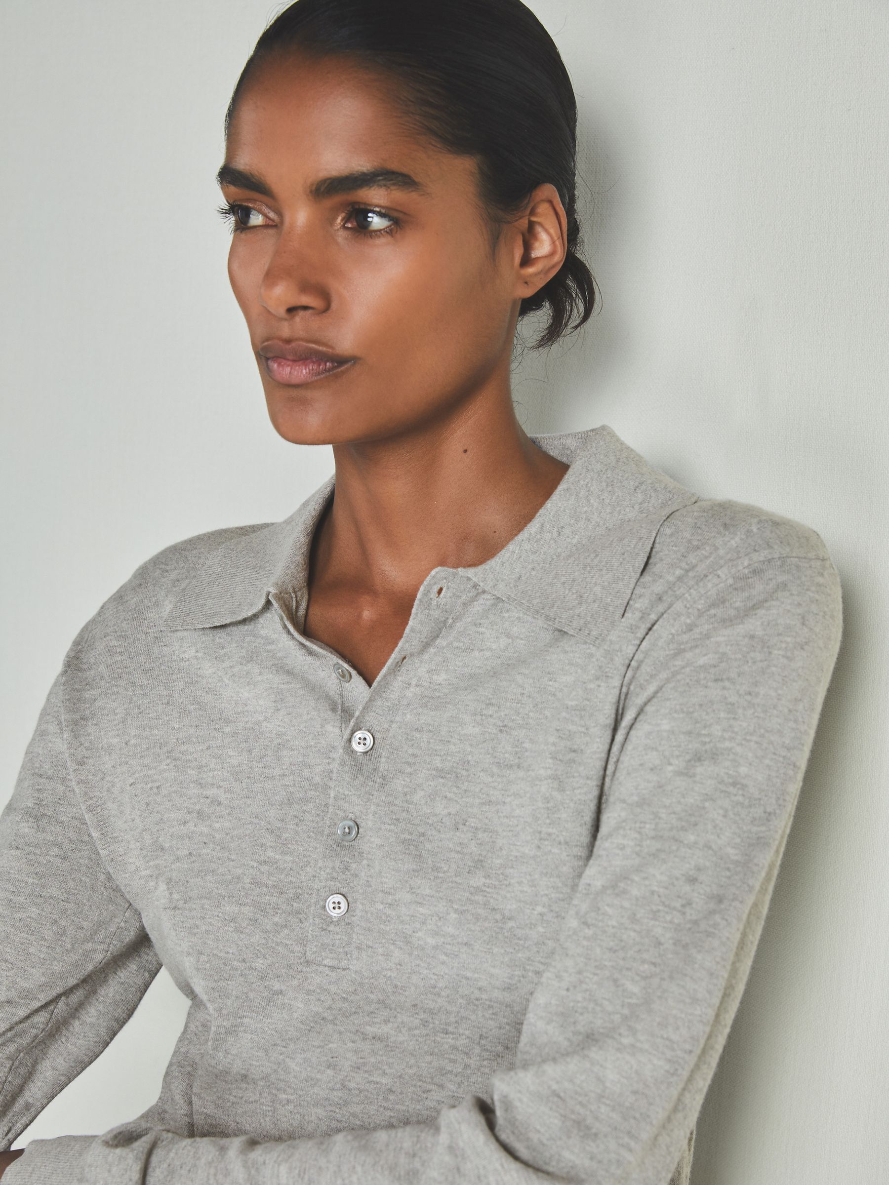 Reiss | Les 100 Ciels Cotton and Cashmere Polo Shirt in Grey Marl - Image 1 of 7 Reiss | Les 100 Ciels Cotton and Cashmere Polo Shirt in Grey Marl - Image 1 of 7