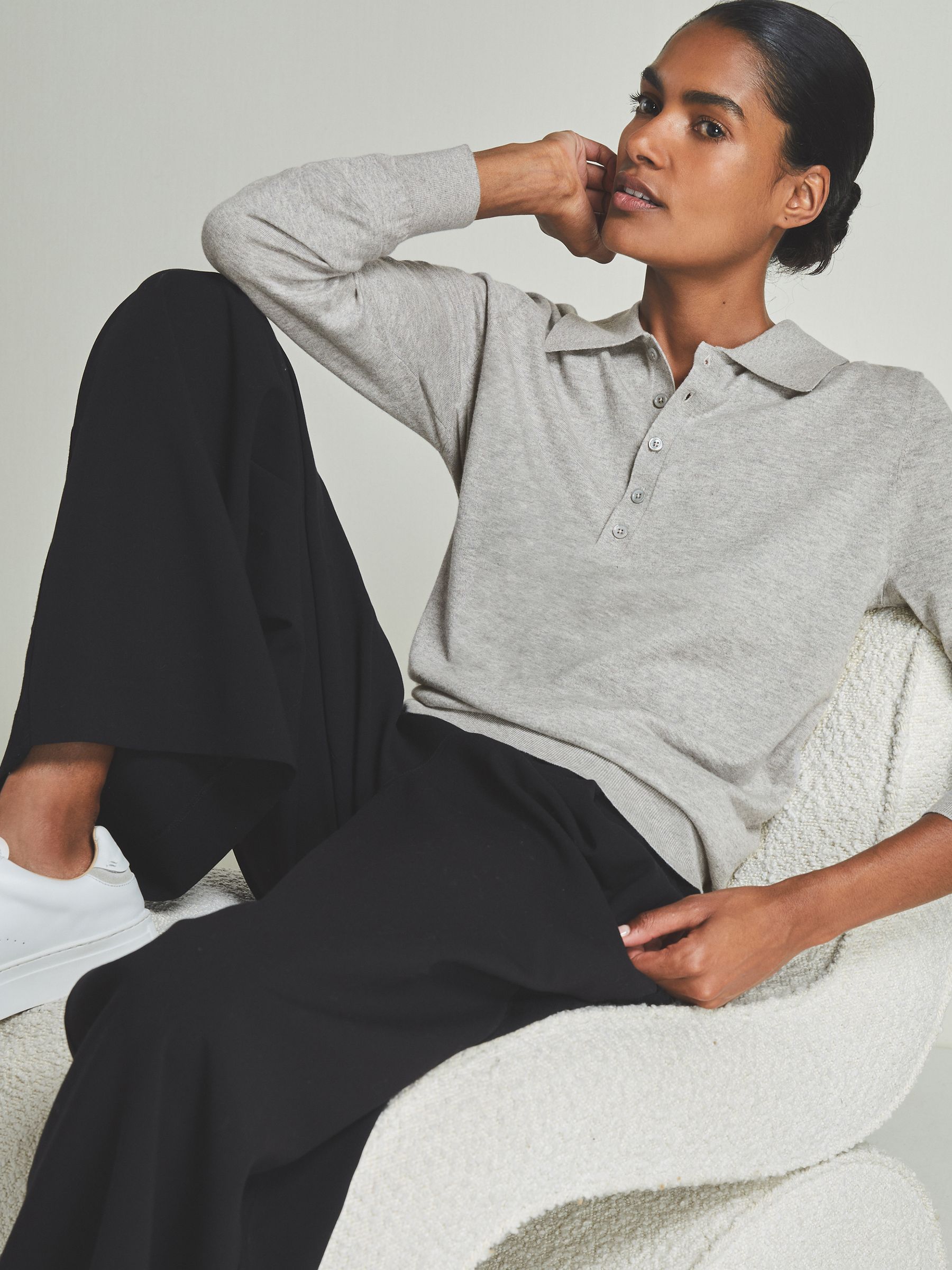 Reiss | Les 100 Ciels Cotton and Cashmere Polo Shirt in Grey Marl - Image 3 of 7