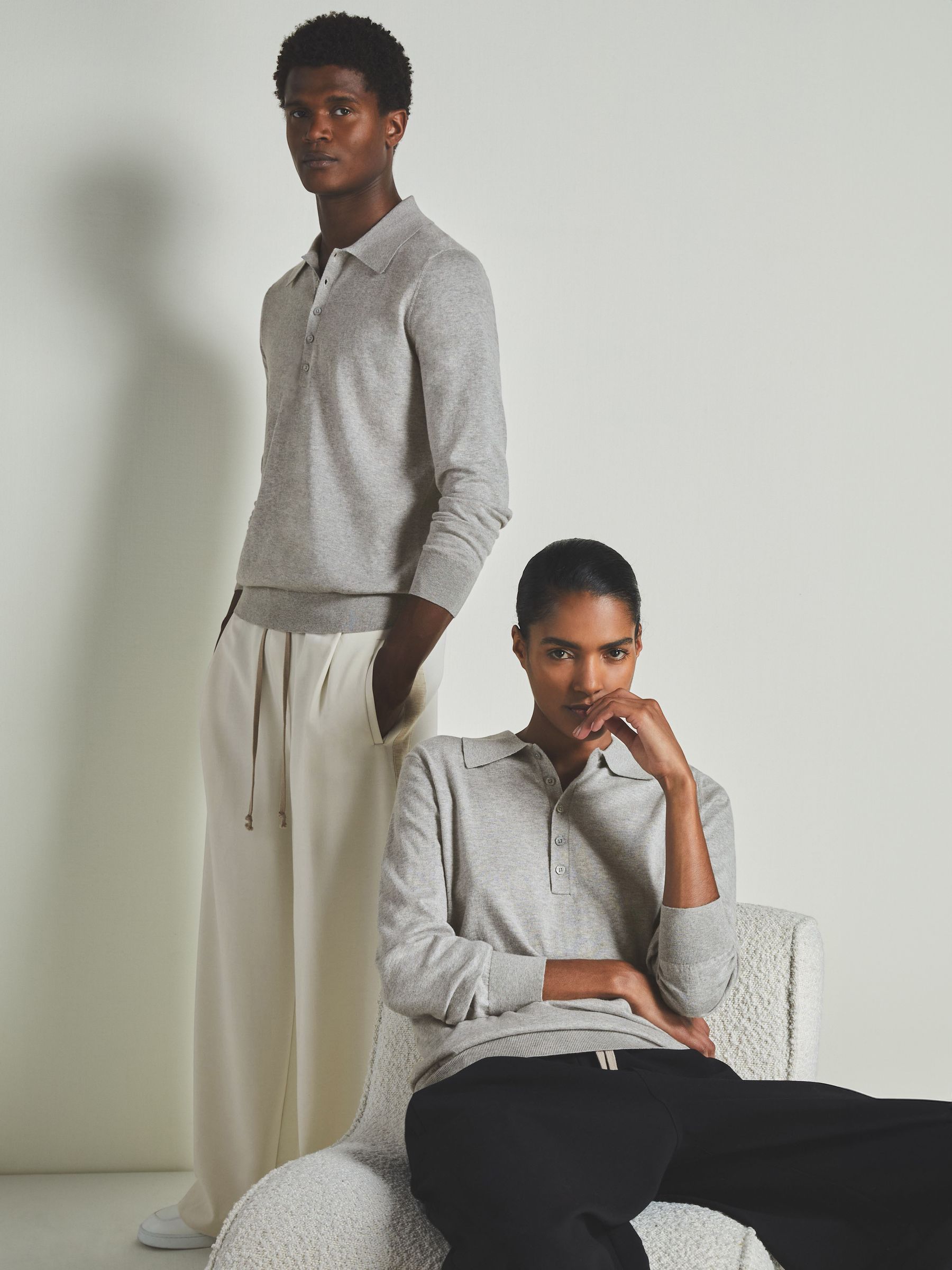Reiss | Les 100 Ciels Cotton and Cashmere Polo Shirt in Grey Marl - Image 7 of 7