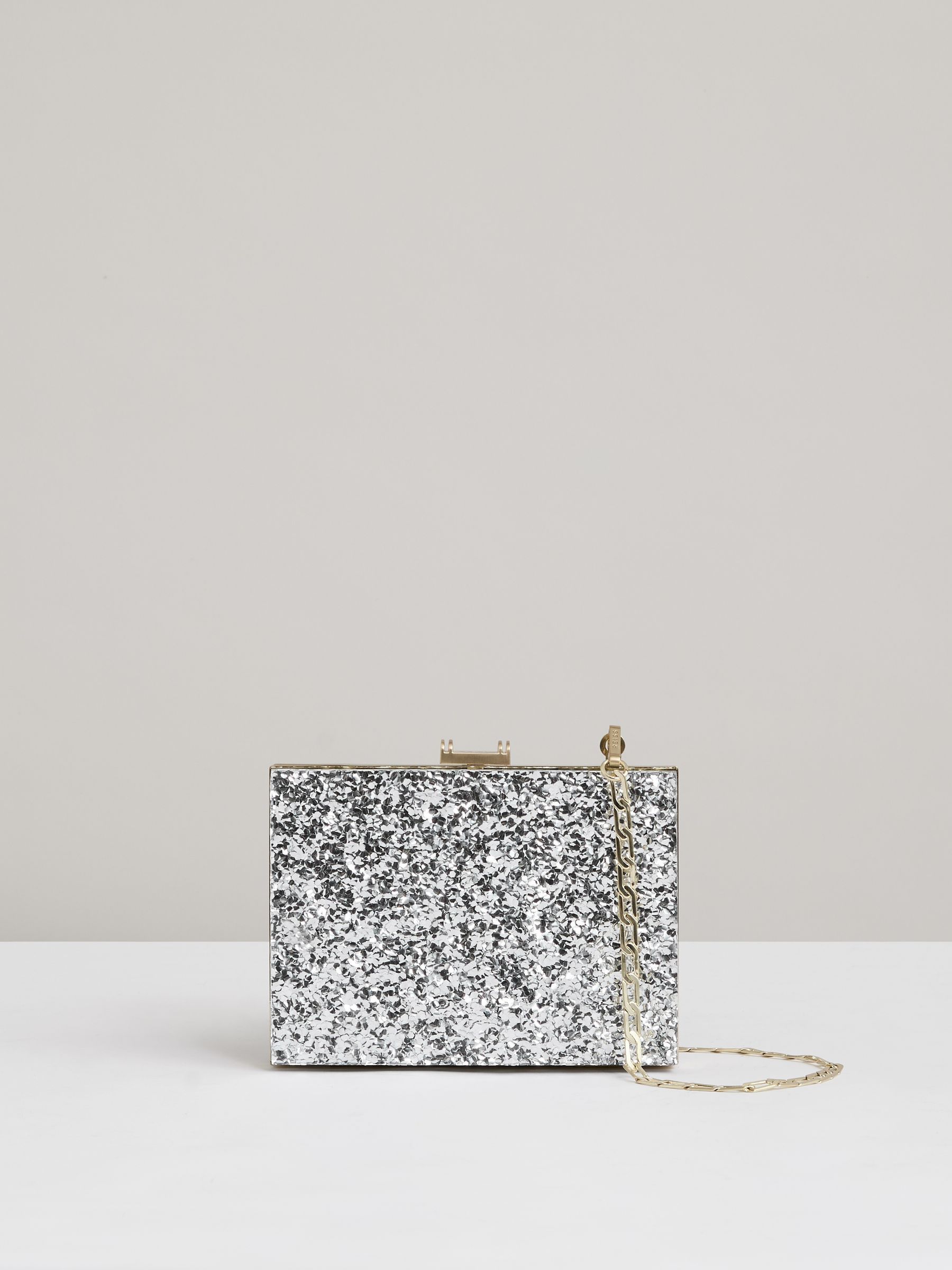 Glitter Box Clutch Bag in Silver - Image 1 of 5