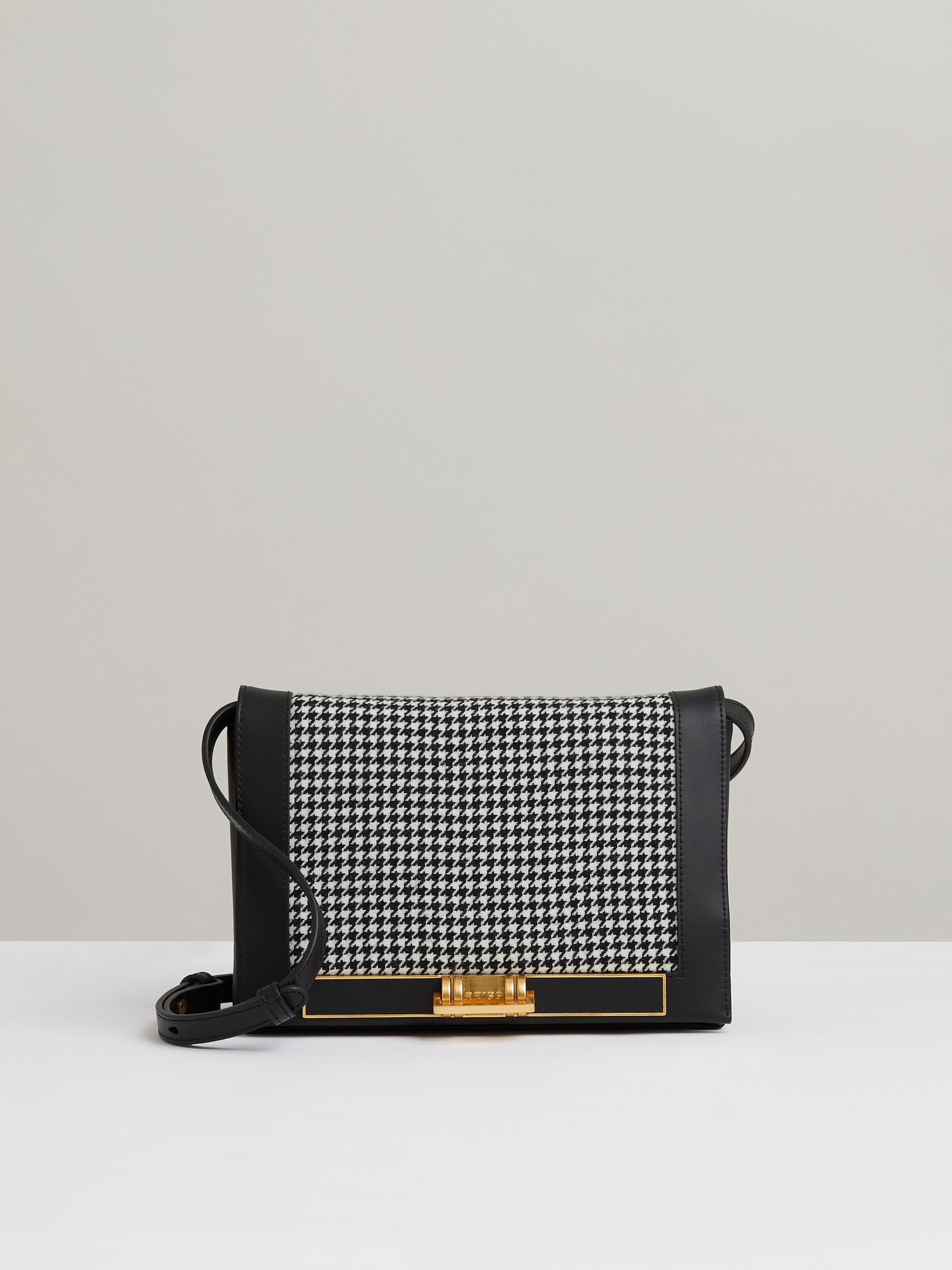 Leather and Dogtooth Wool Bag in Black - Image 1 of 4
