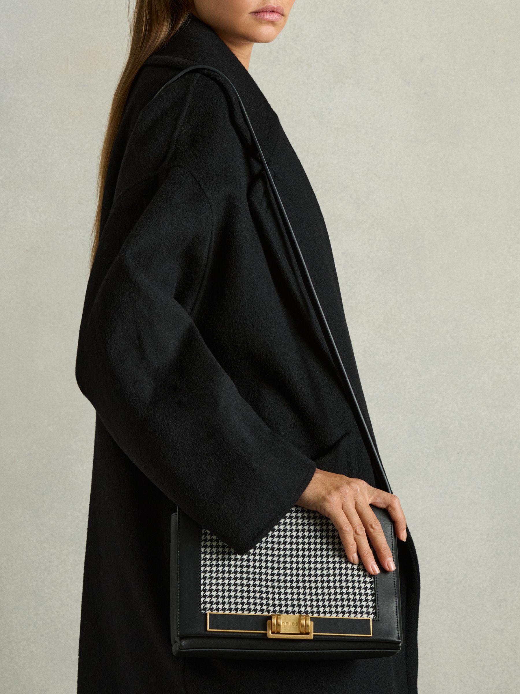 Leather and Dogtooth Wool Bag in Black - Image 2 of 4