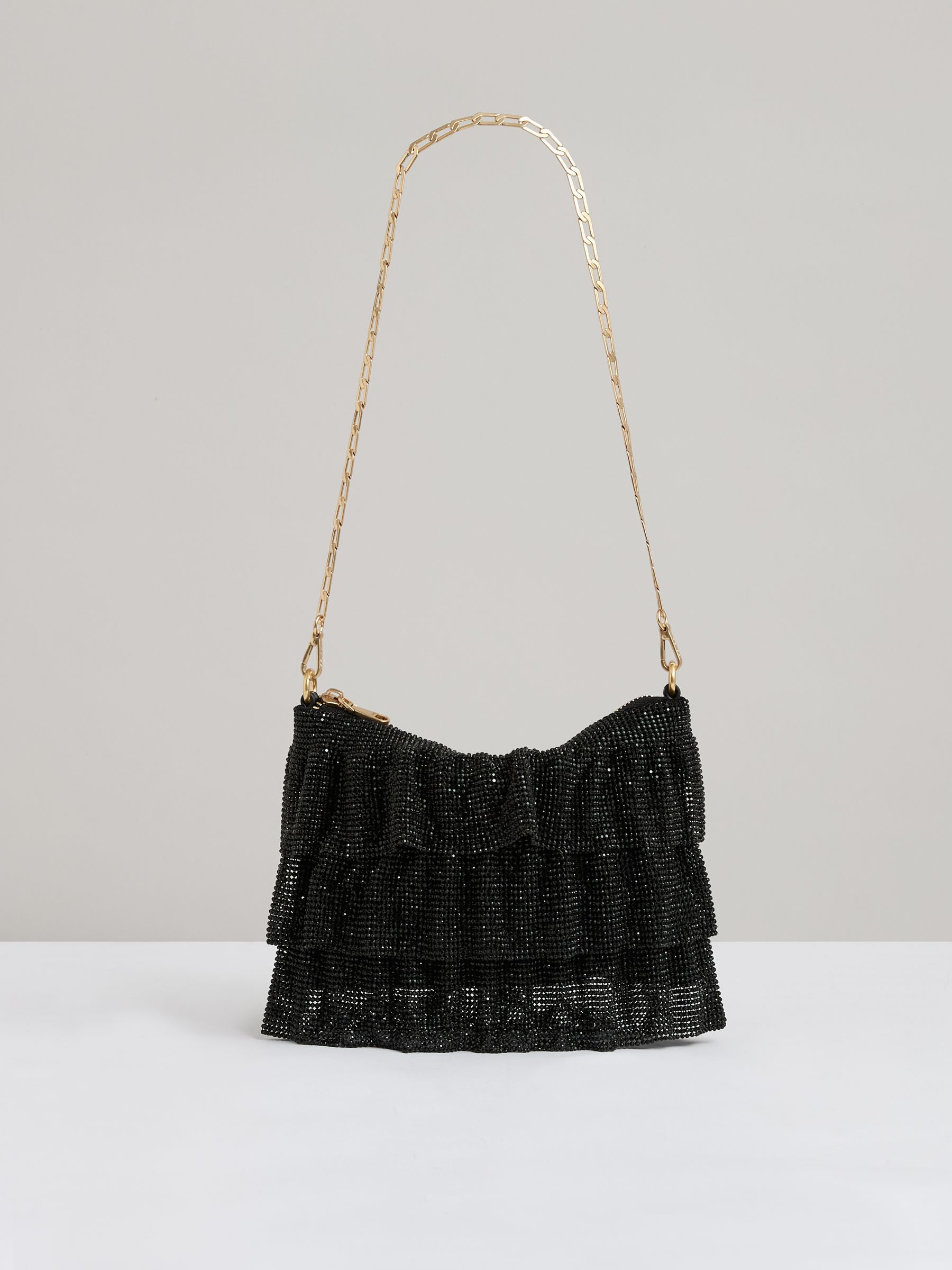 Tiered Crystal Embellished Shoulder Bag in Black - Image 1 of 5