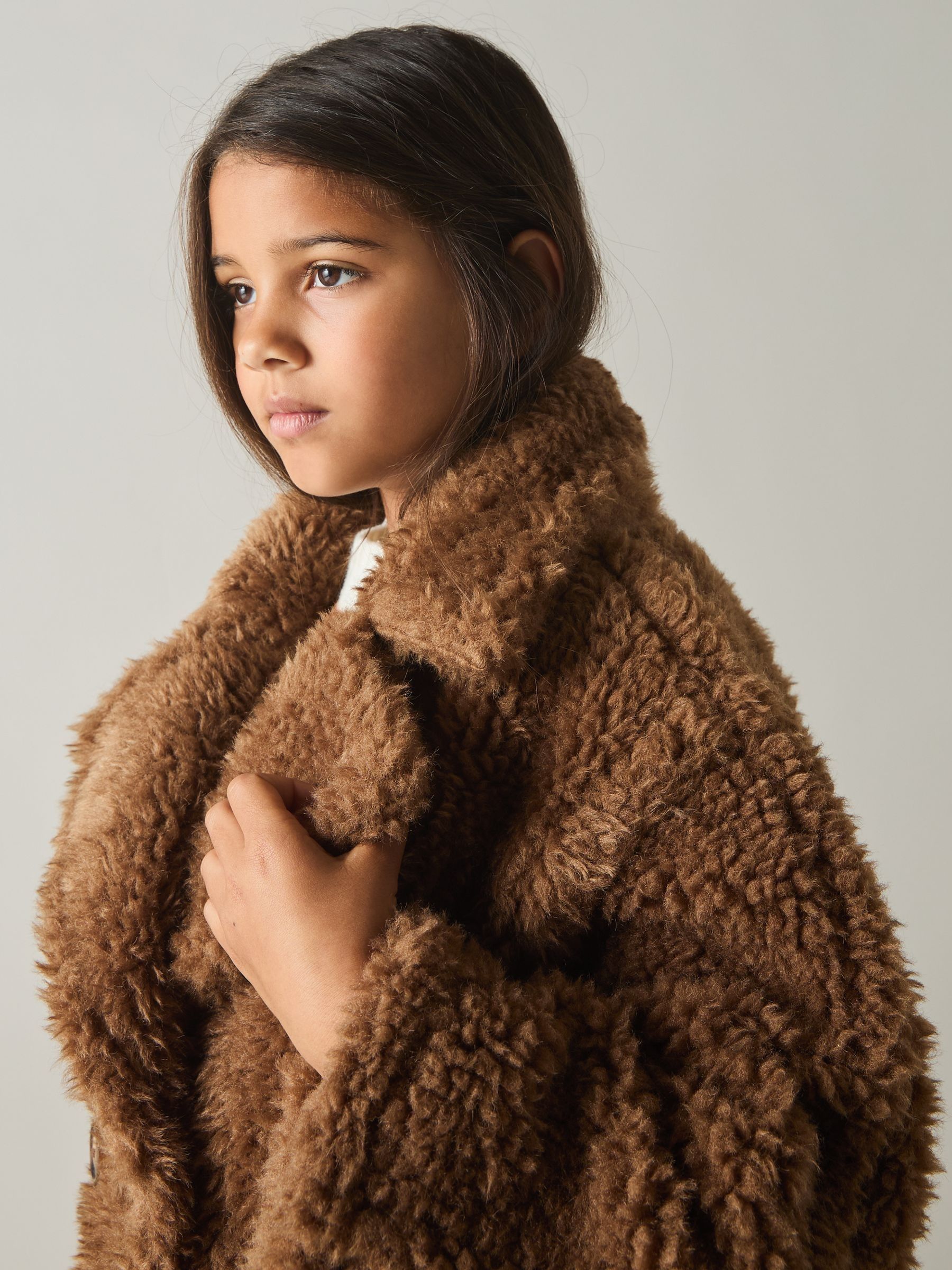 13-14 yrs Longline Teddy Coat with Wool in Brown - Image 3 of 4