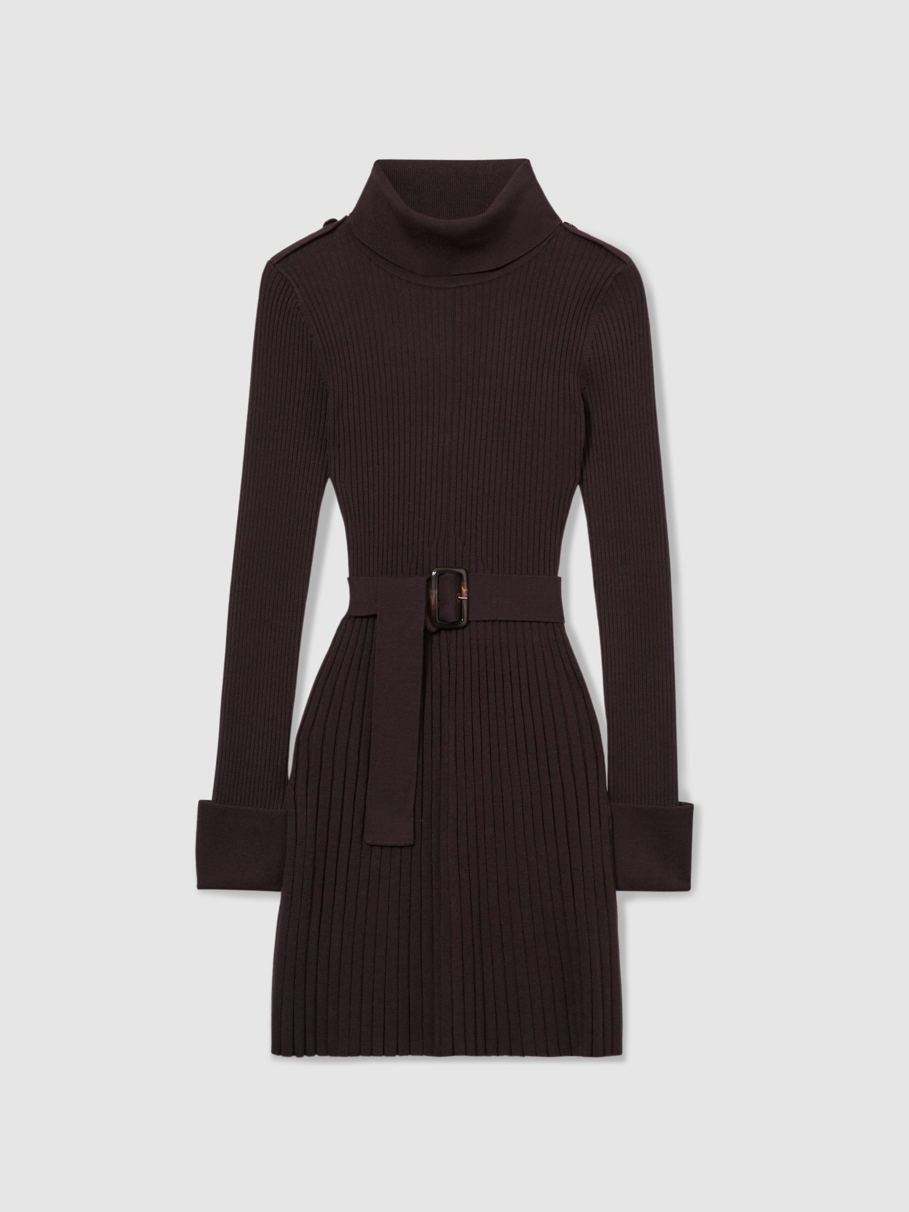 Roll-Neck Ribbed Mini Dress in Brown - Image 2 of 7