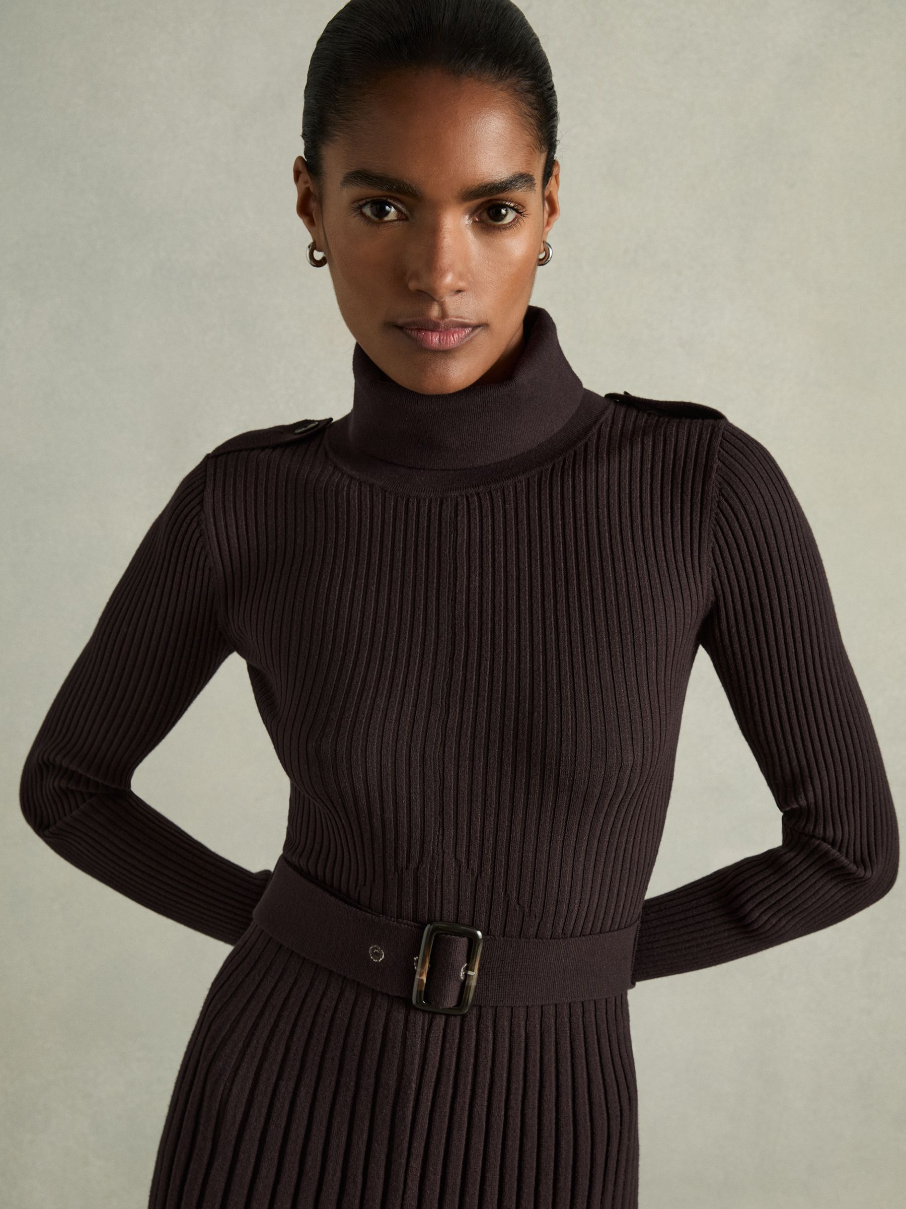 Roll-Neck Ribbed Mini Dress in Brown - Image 4 of 7