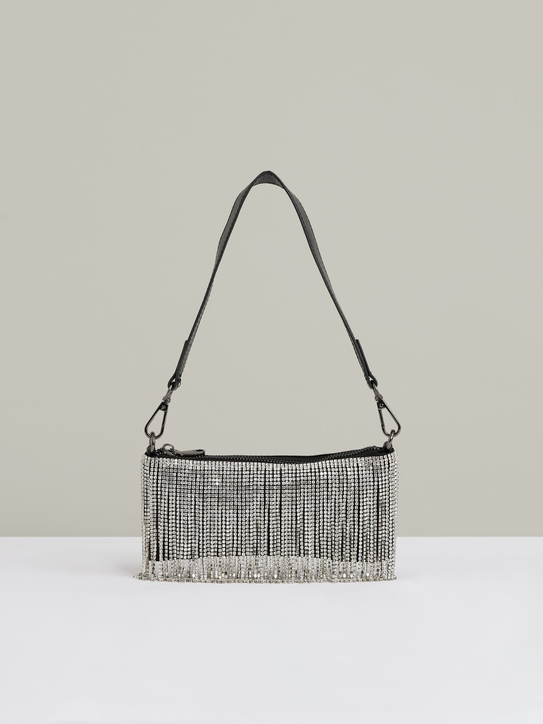 Satin Crystal Fringe Mini Shoulder Bag in Silver - Image 1 of 4