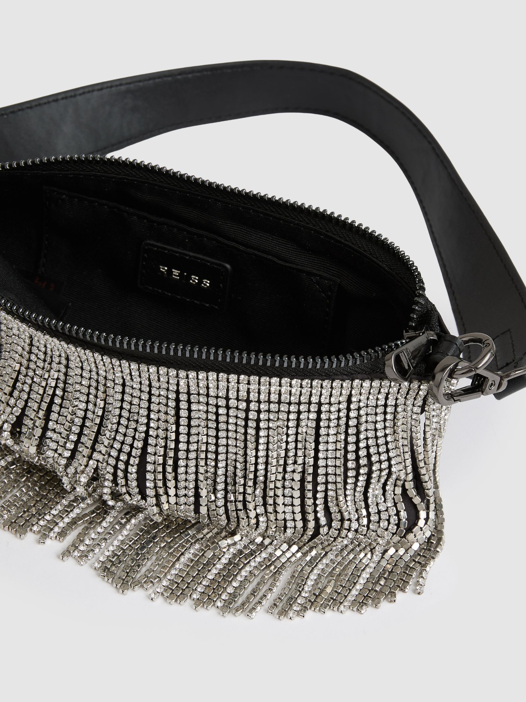 Satin Crystal Fringe Mini Shoulder Bag in Silver - Image 3 of 4