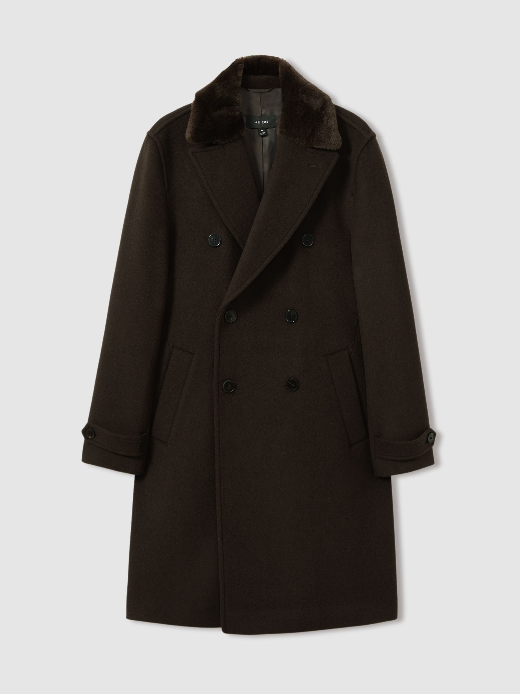 Wool-Blend Faux-Fur Collar Overcoat in Brown - Image 2 of 7