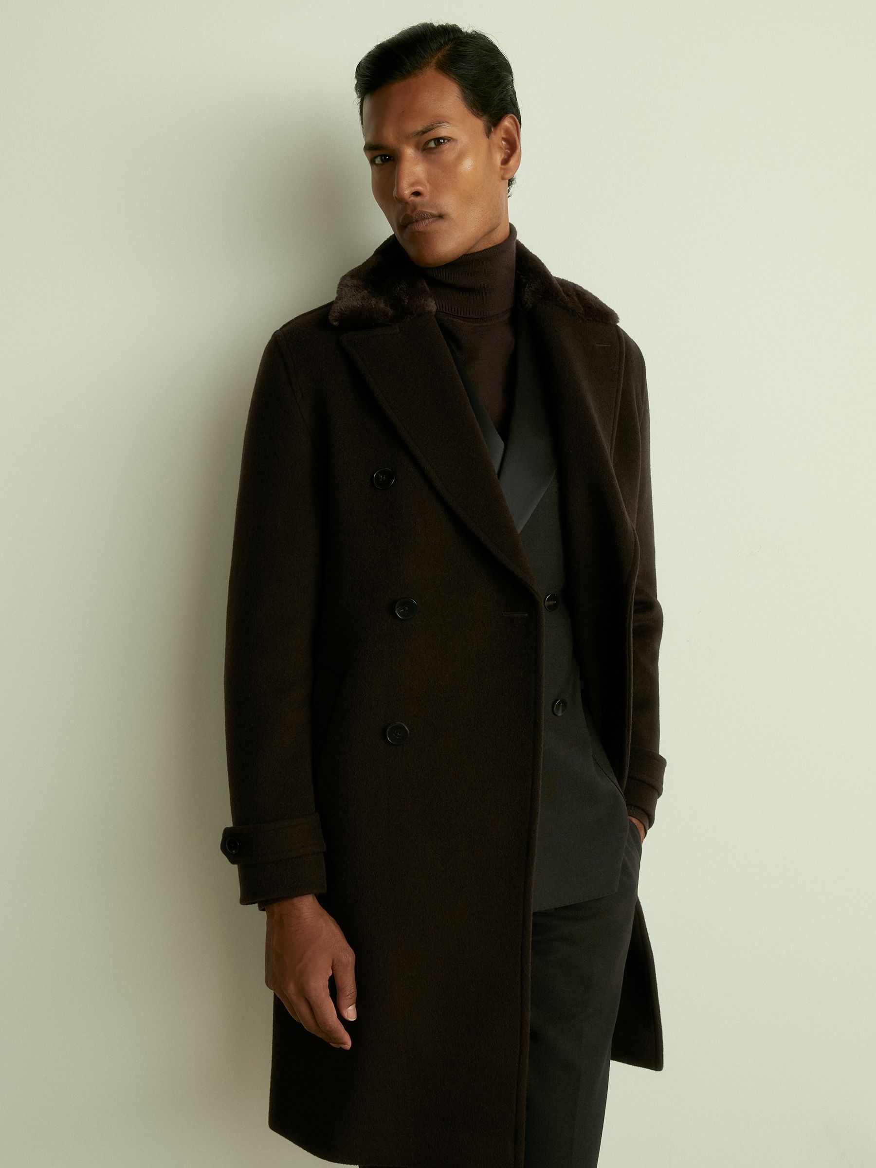 Wool-Blend Faux-Fur Collar Overcoat in Brown - Image 3 of 7