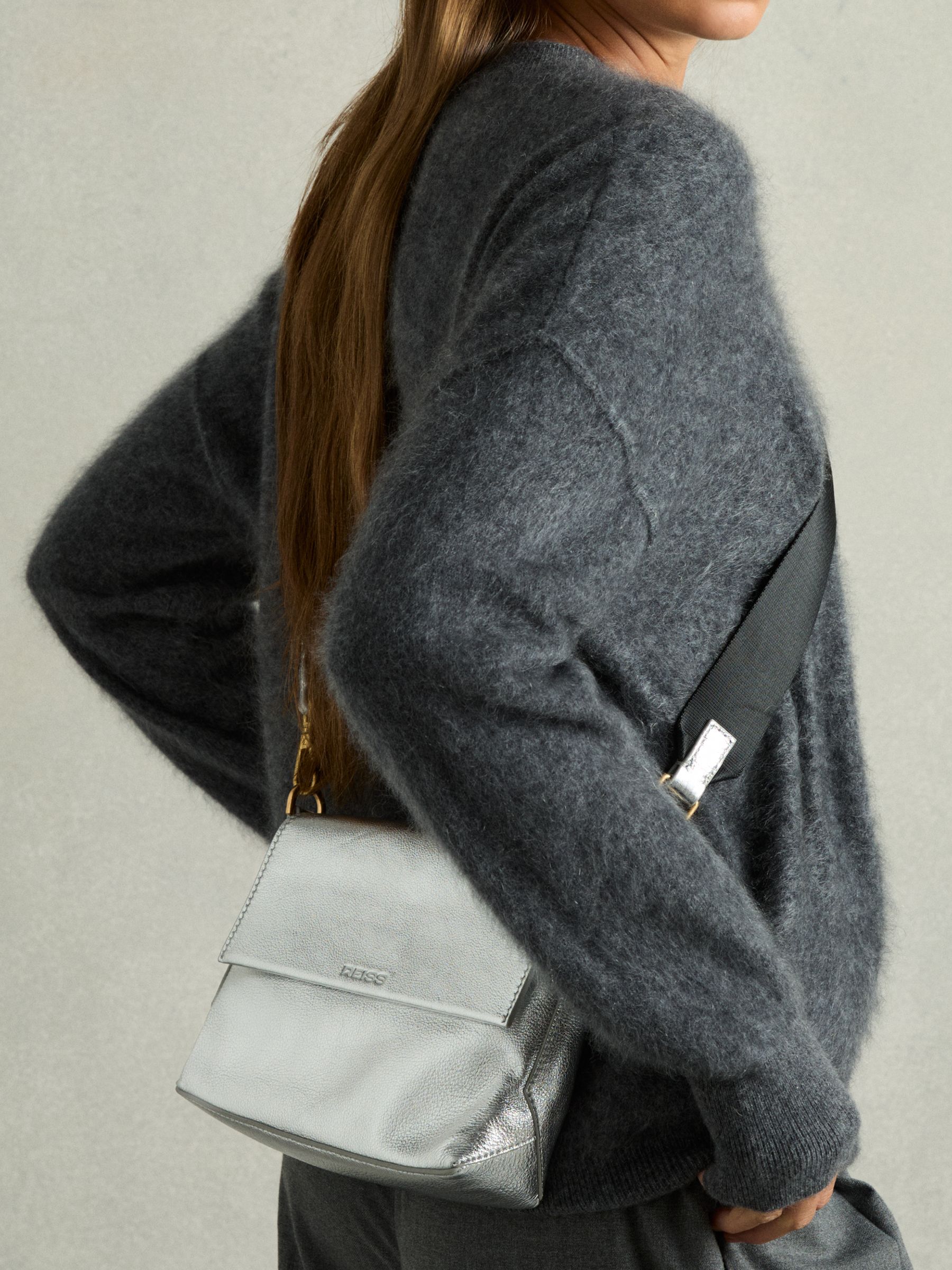 Leather Flap Crossbody Bag in Silver - Image 2 of 4