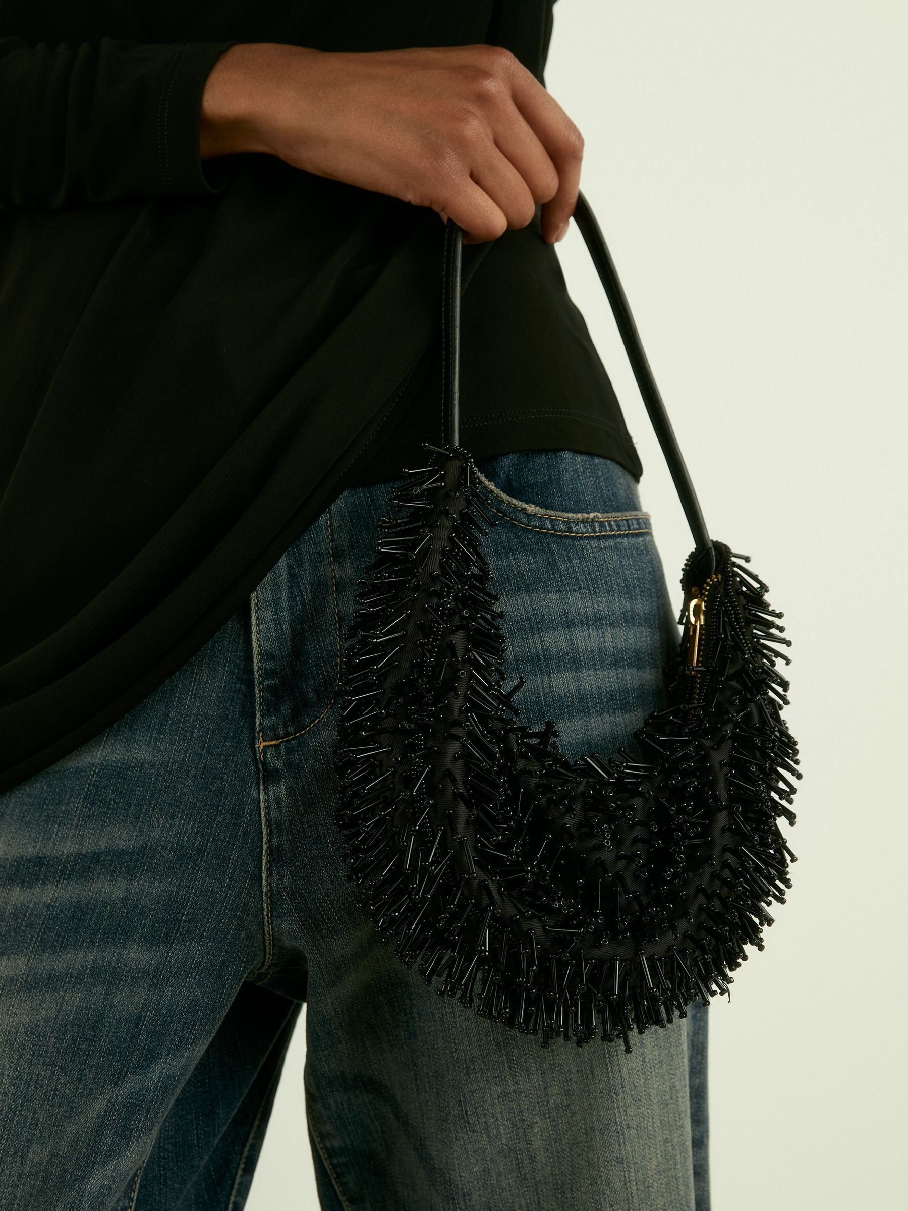 Beaded Crescent Shoulder Bag in Black - Image 2 of 4