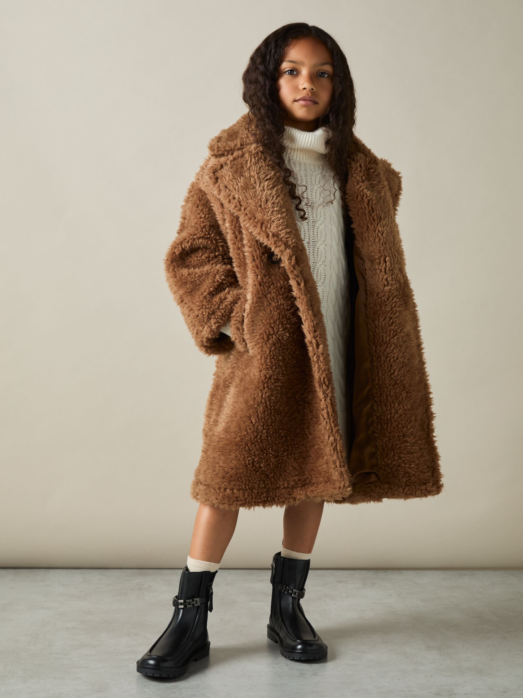 9-13 yrs Longline Teddy Coat with Wool in Brown - Image 1 of 4