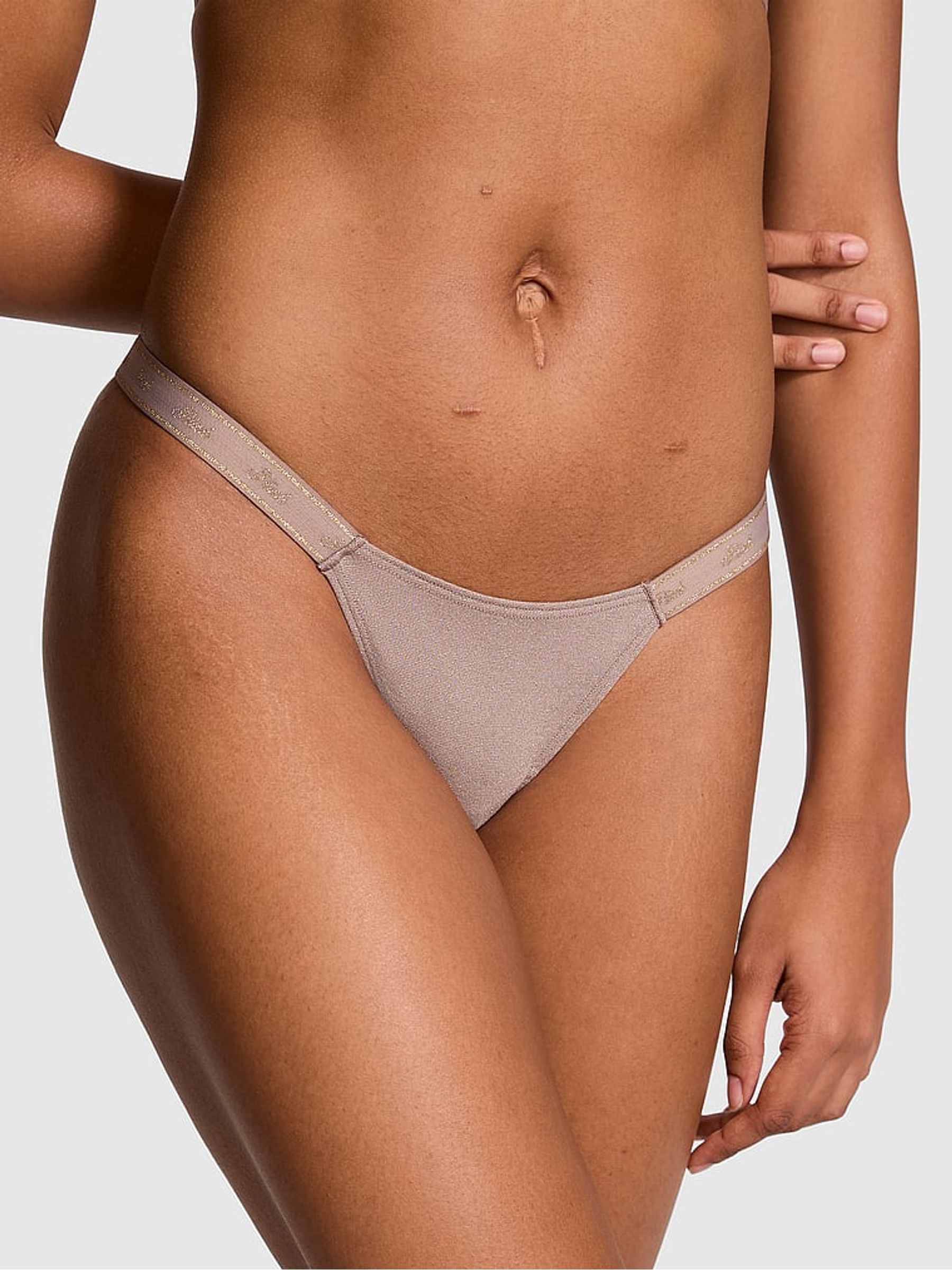 Iced Coffee Brown Mini Scoop Thong Cotton Logo Shimmer Knickers - Image 1 of 4