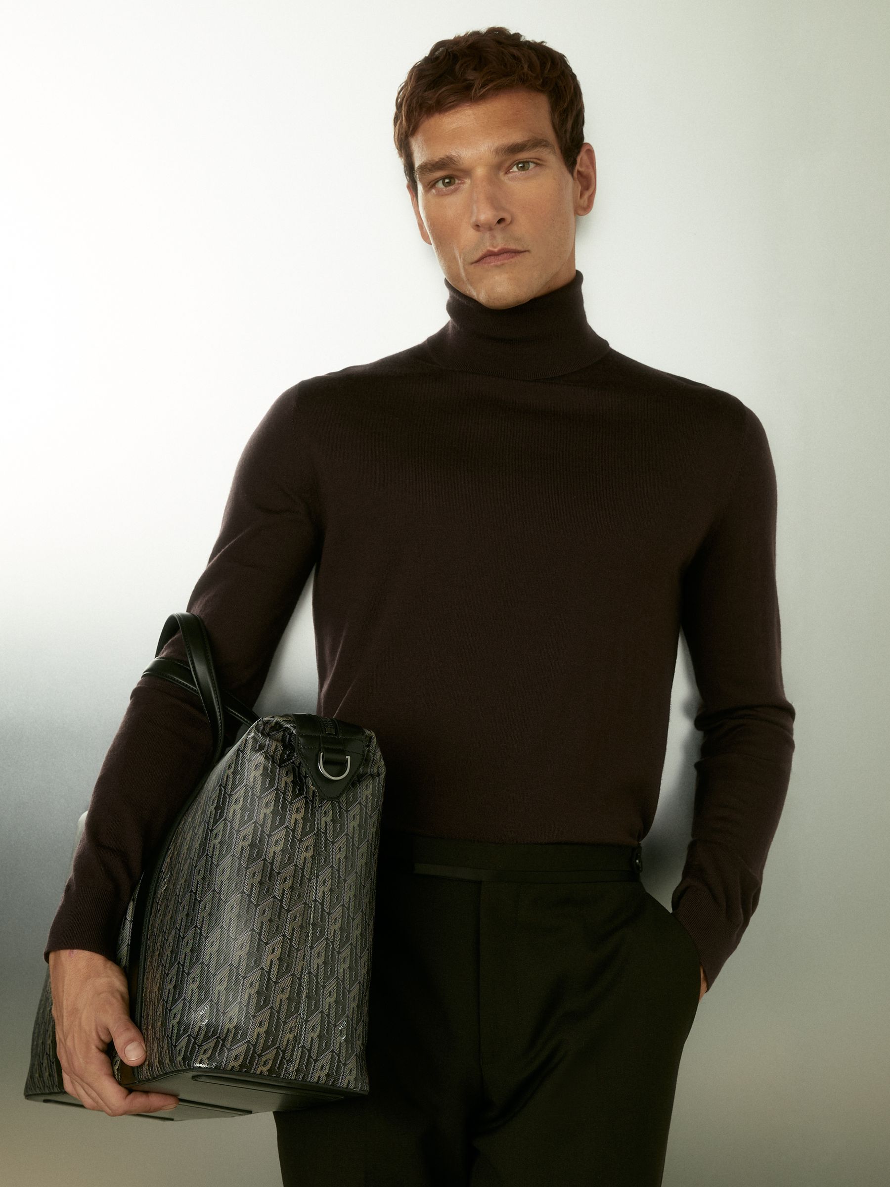 Slim Fit Merino Wool Roll Neck Jumper in Dark Bordeaux - Image 1 of 6