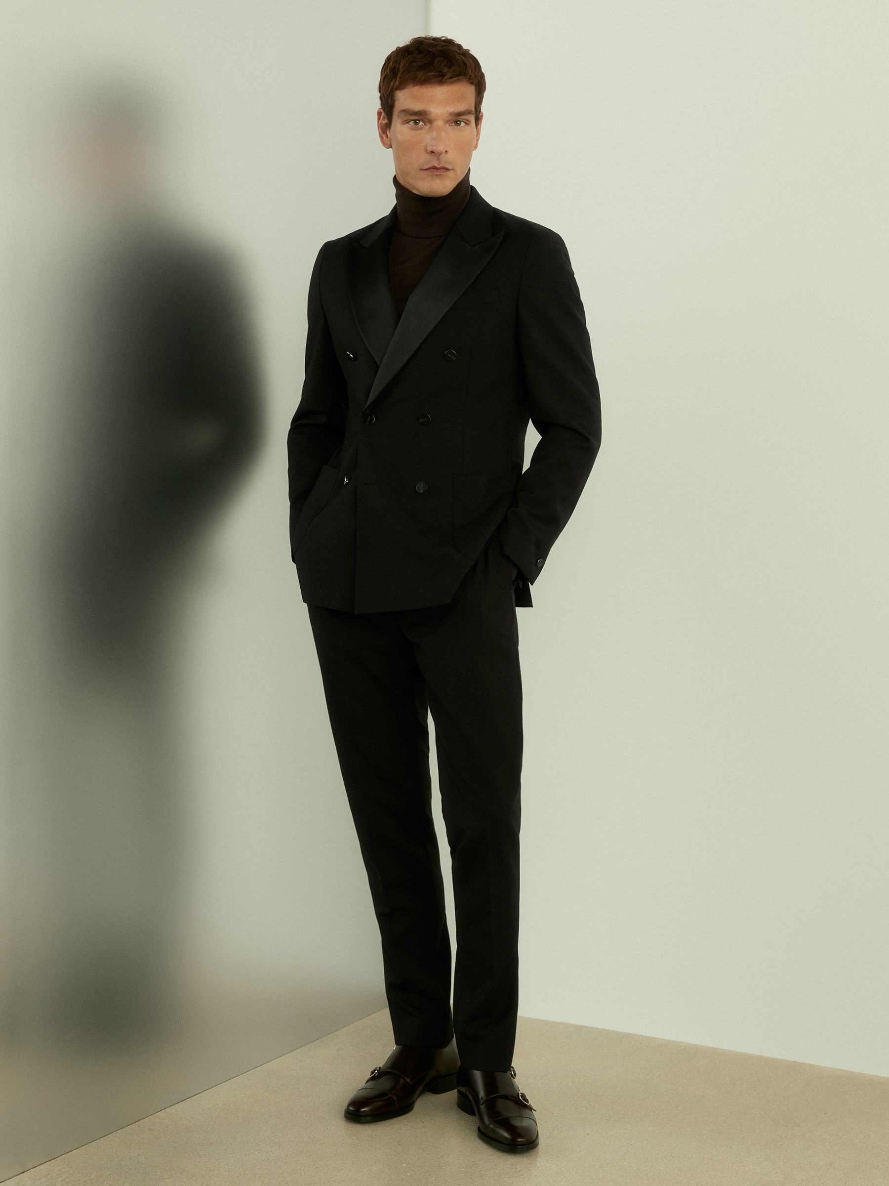 Slim Fit Merino Wool Roll Neck Jumper in Dark Bordeaux - Image 3 of 6