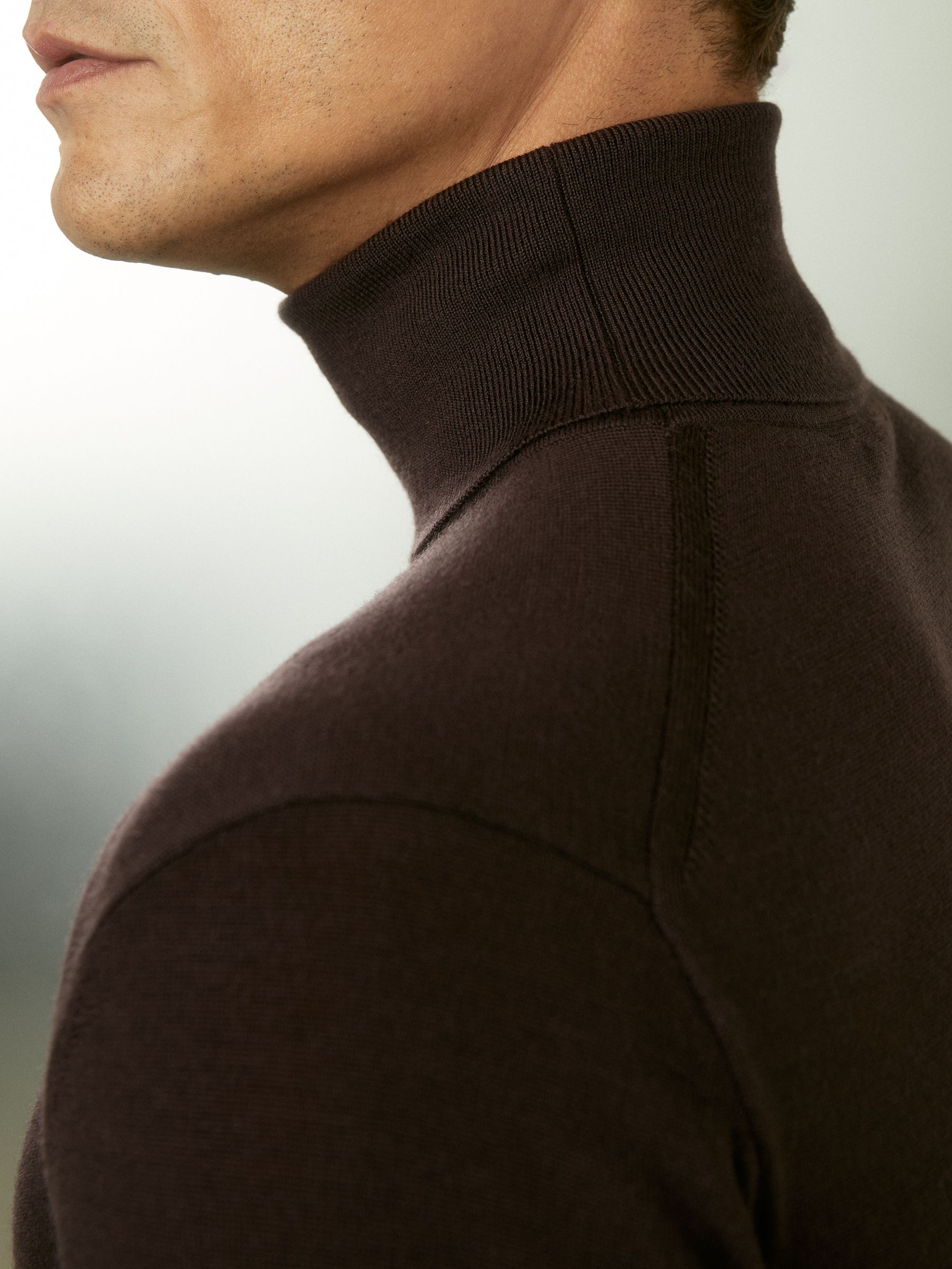 Slim Fit Merino Wool Roll Neck Jumper in Dark Bordeaux - Image 4 of 6