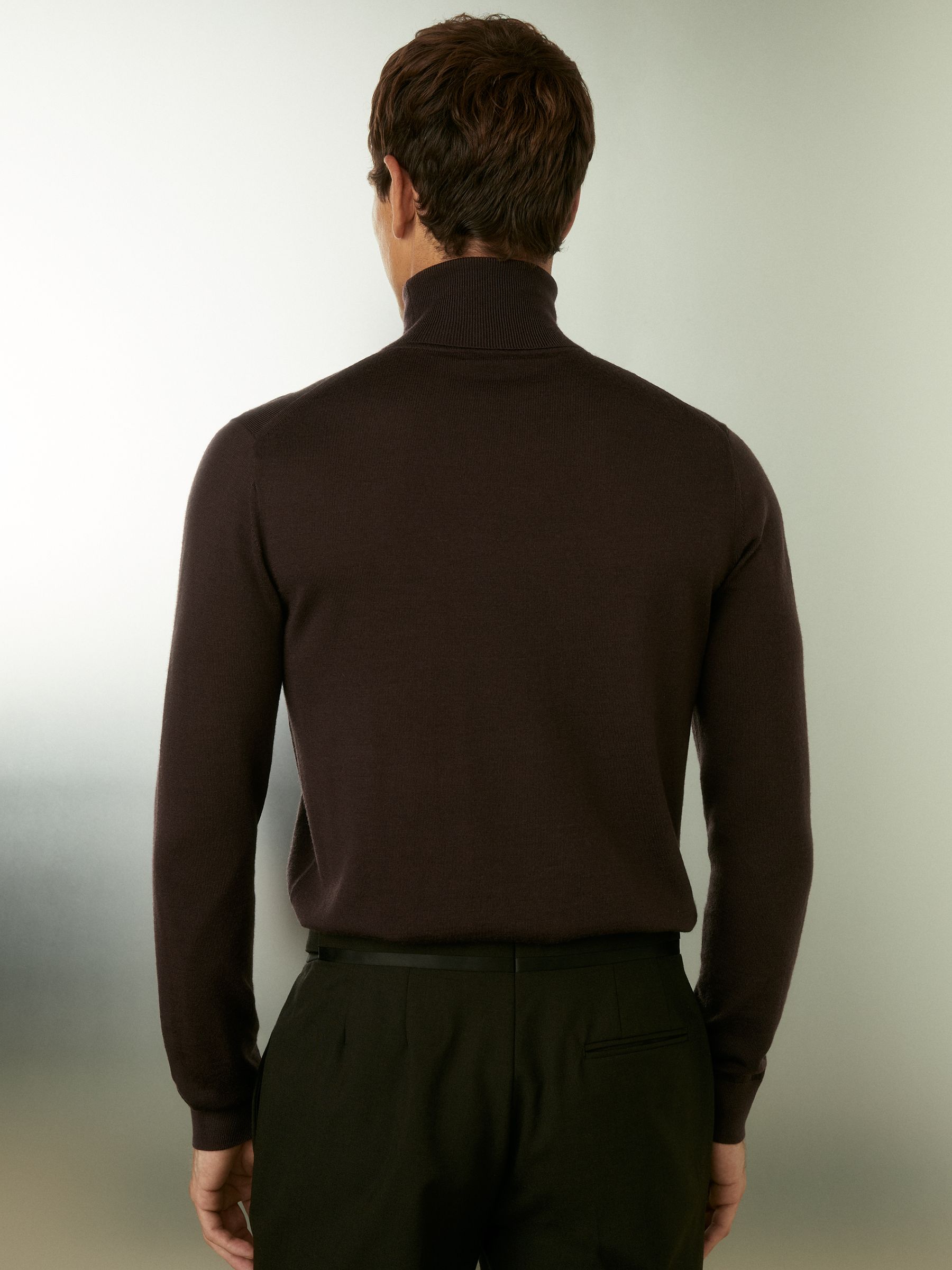 Slim Fit Merino Wool Roll Neck Jumper in Dark Bordeaux - Image 5 of 6