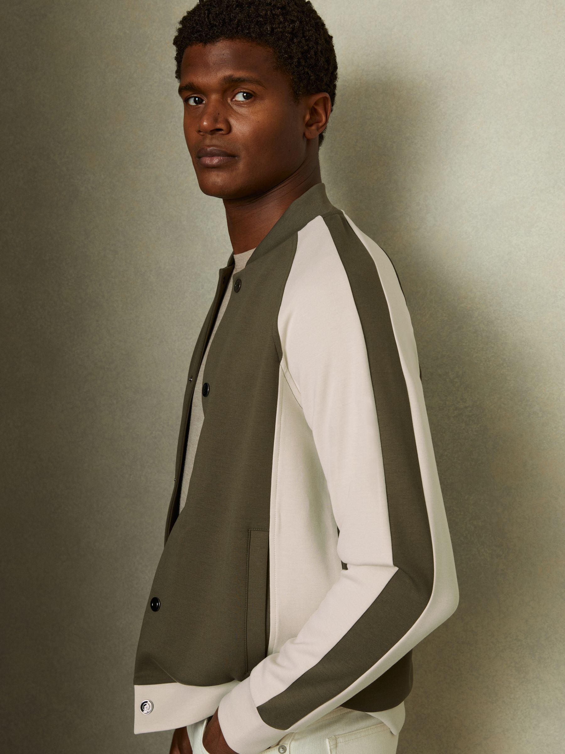 Colourblock Jersey Varsity Jacket in Sage Green/Off White - Image 1 of 5