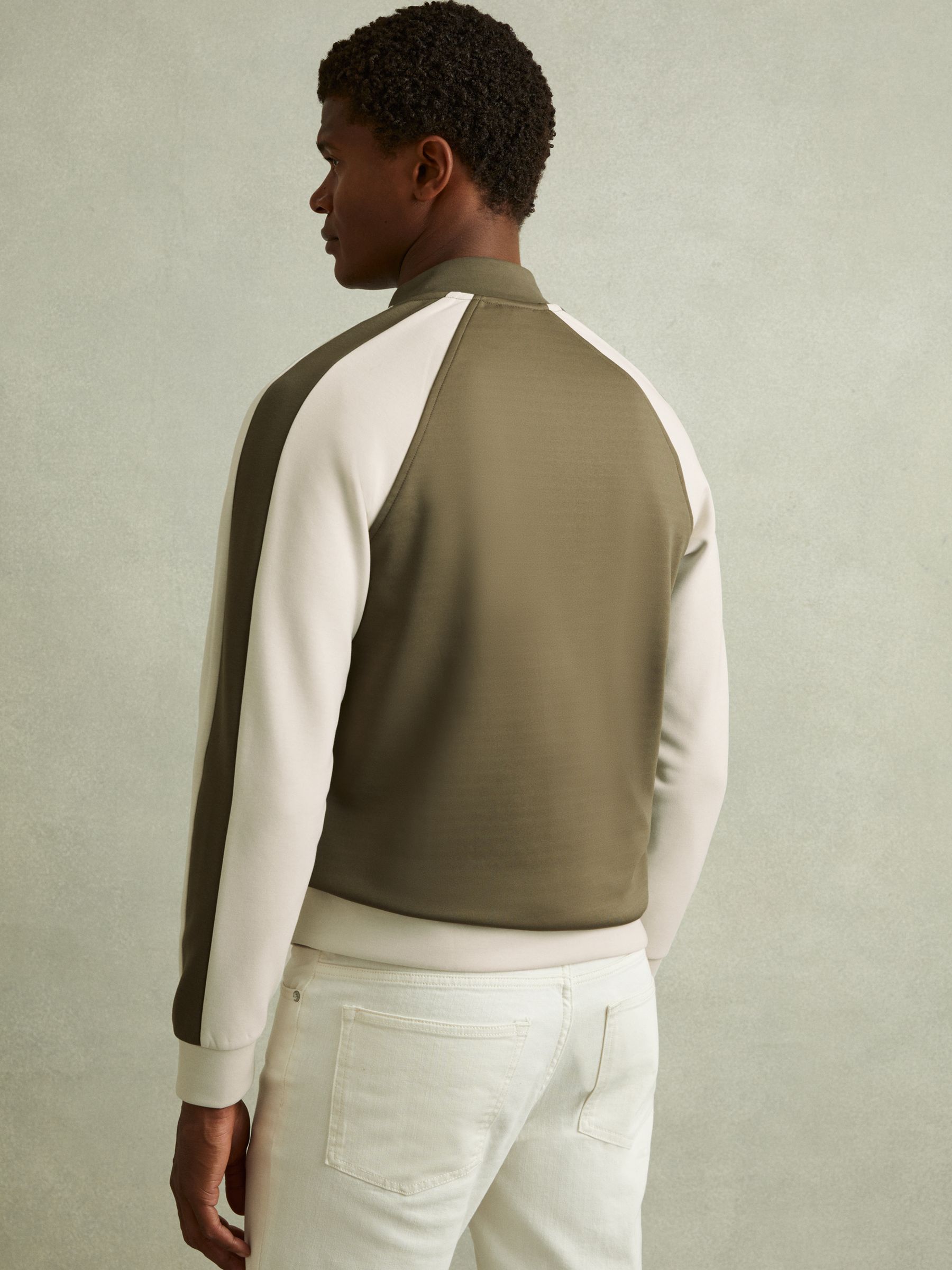 Colourblock Jersey Varsity Jacket in Sage Green/Off White - Image 4 of 5