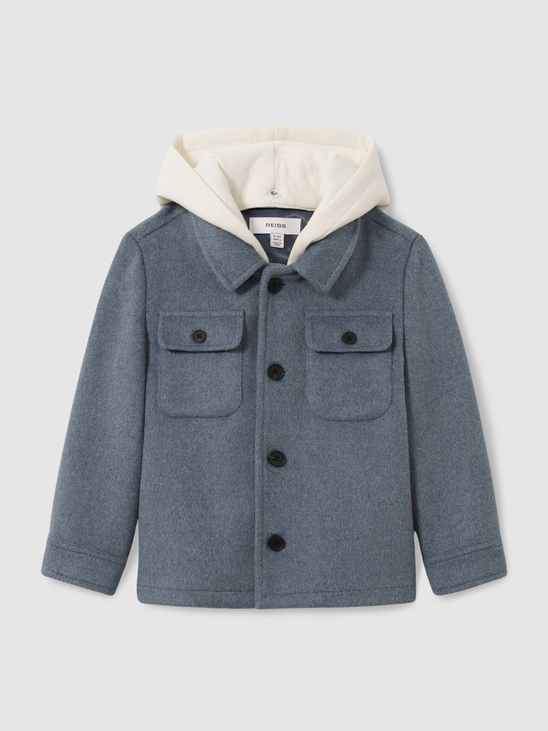 3-9 yrs Removable-Hood Brushed-Twill Overshirt in Airforce Blue - Image 2 of 4
