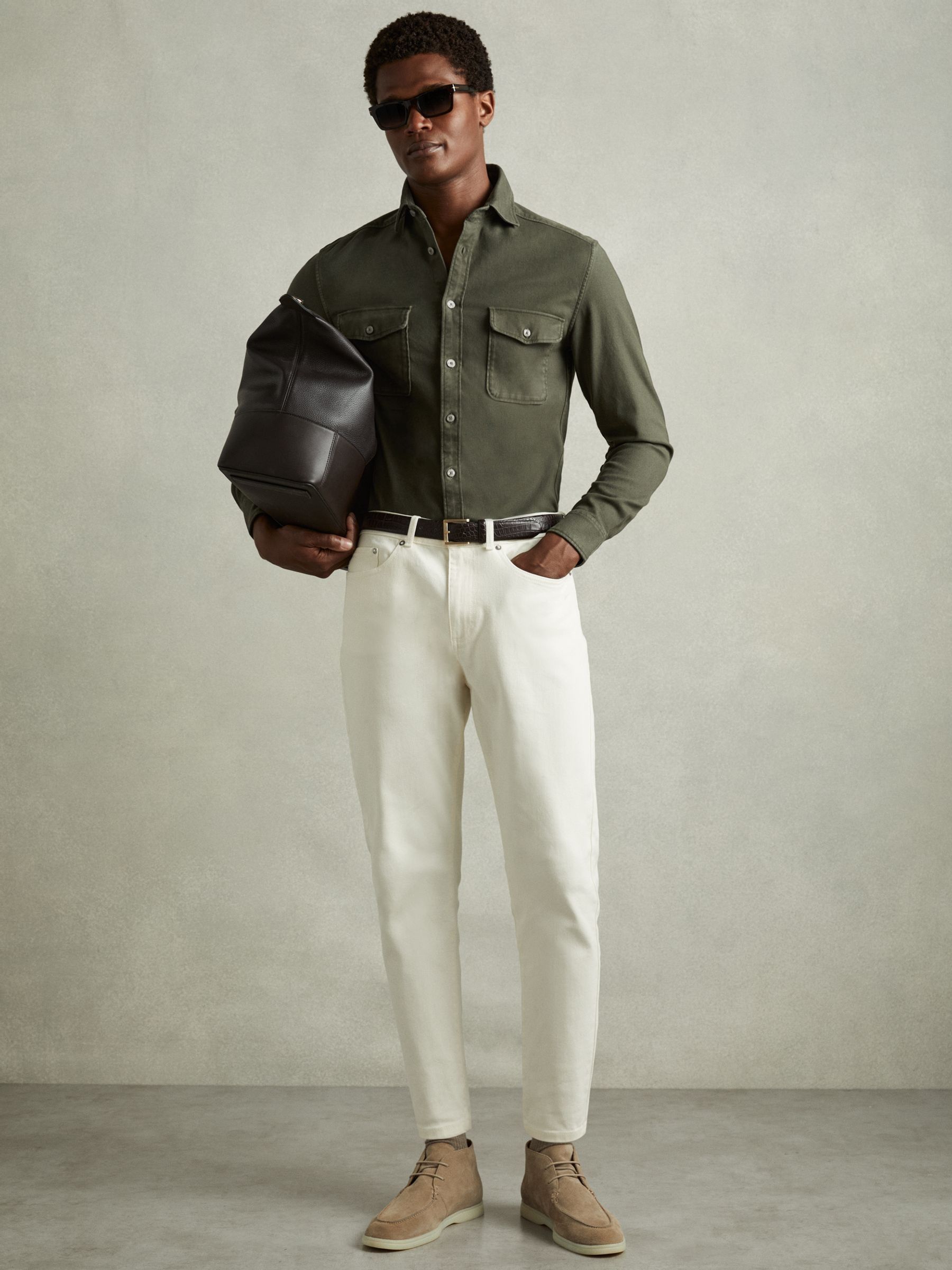 Cotton Blend Canvas Overshirt in Khaki Green - image 3