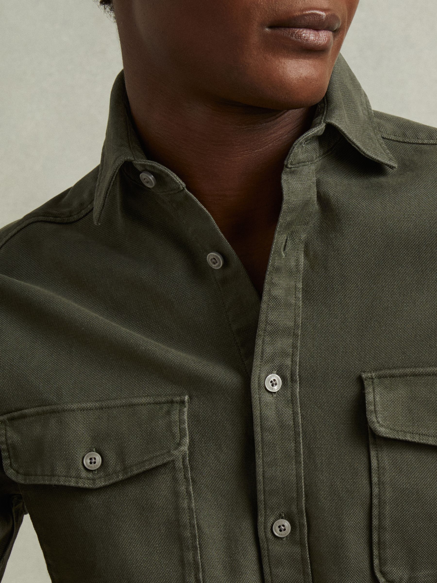 Cotton Blend Canvas Overshirt in Khaki Green - image 4