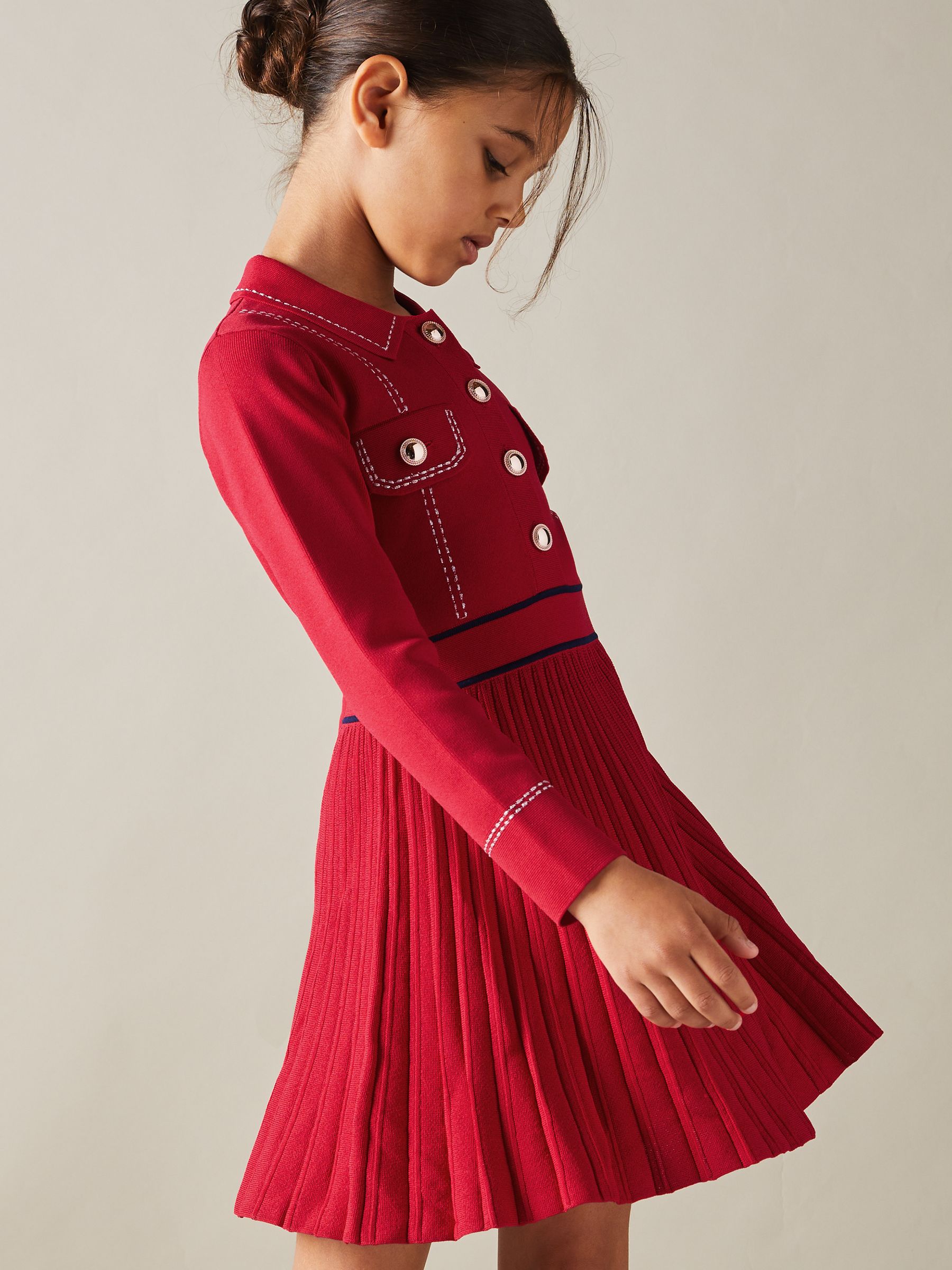 Knitted Contrast Stitch Dress in Red - Image 2 of 5 Knitted Contrast Stitch Dress in Red - Image 2 of 5