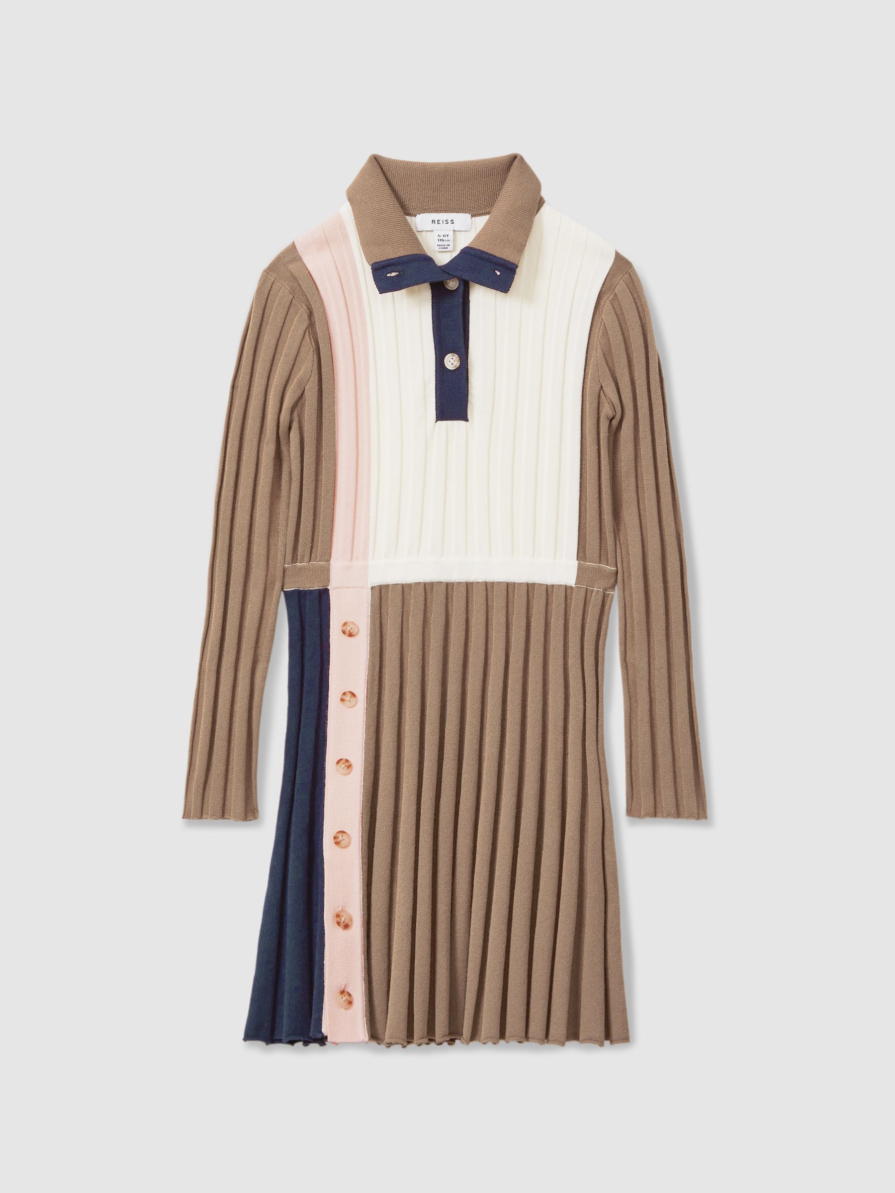 9-13 yrs Ribbed Colourblock Funnel Neck Dress in Camel - Image 2 of 4