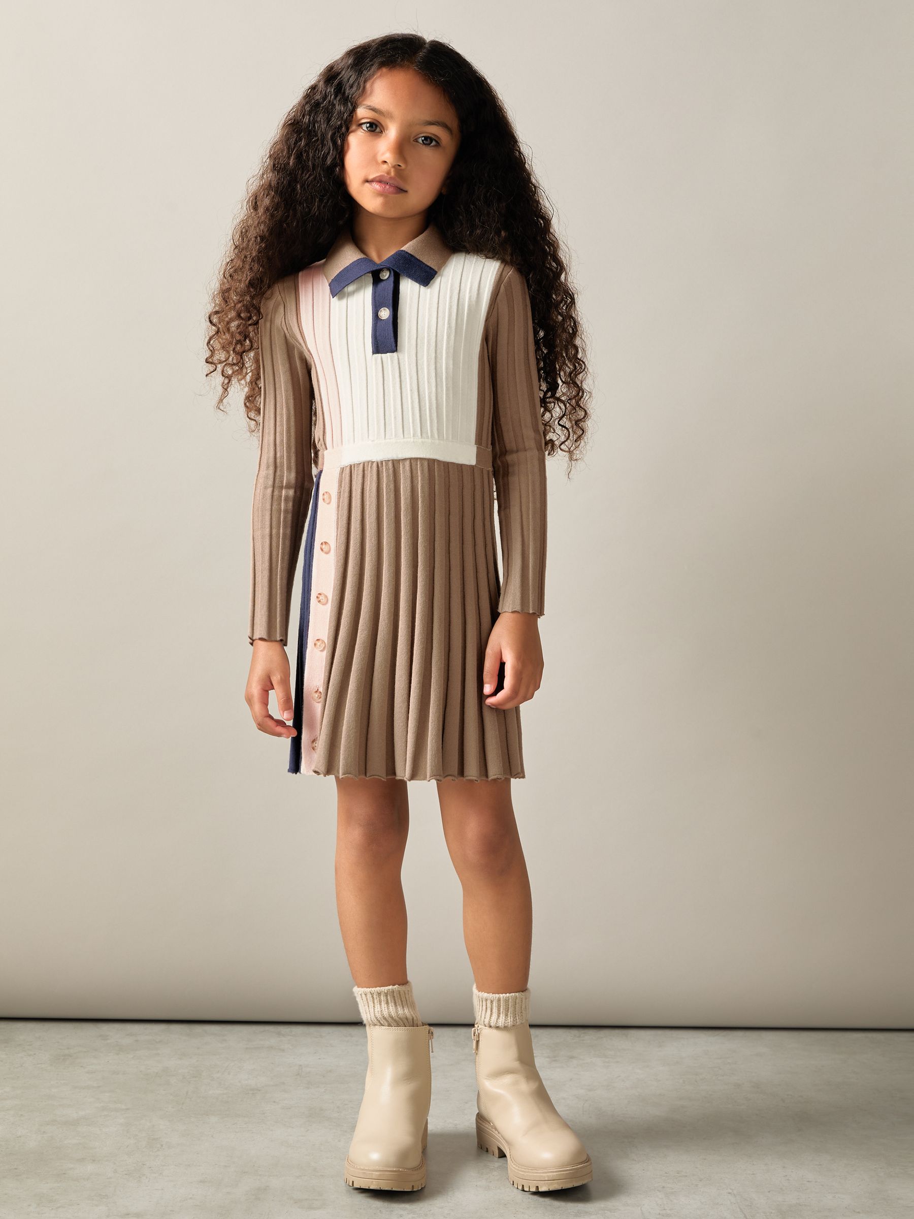 9-13 yrs Ribbed Colourblock Funnel Neck Dress in Camel - Image 3 of 4