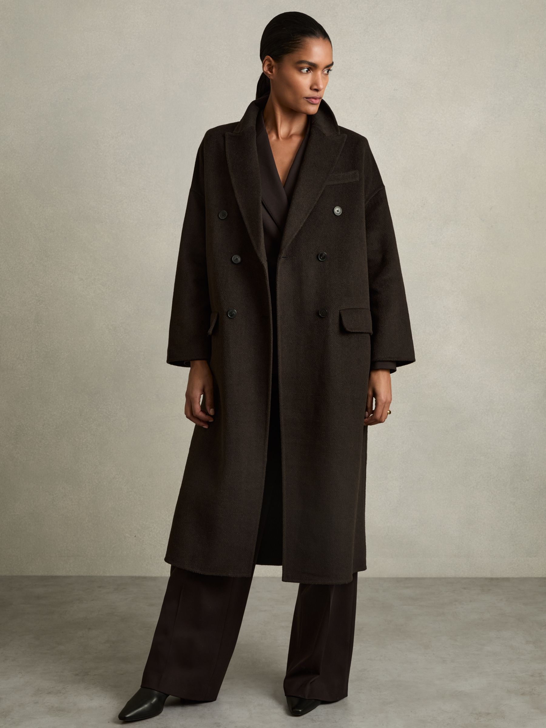 Wool Blend Herringbone-Twill Coat in Chocolate - Image 5 of 9
