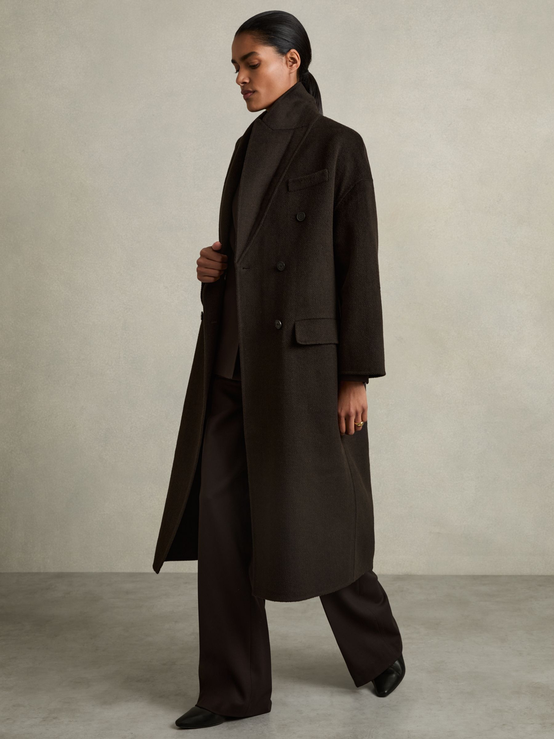 Wool Blend Herringbone-Twill Coat in Chocolate - Image 7 of 9