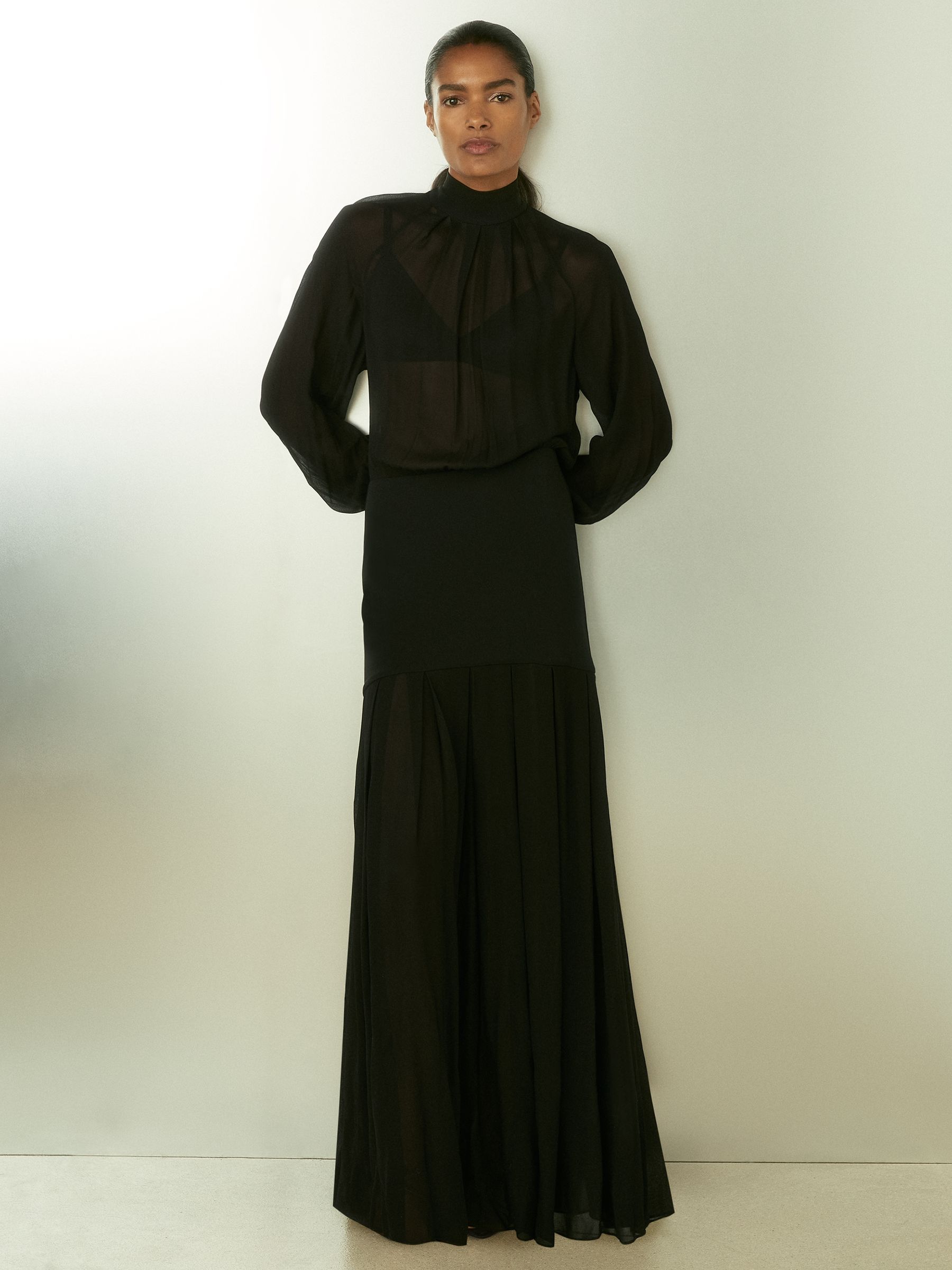 Sheer Jersey Gathered Maxi Dress in Black - image 3
