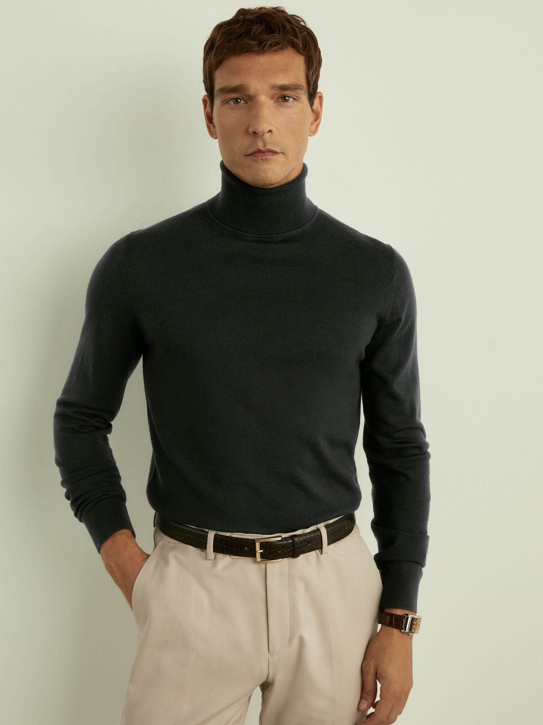 Merino Roll-Neck Jumper in Dark Military Green - Image 1 of 6