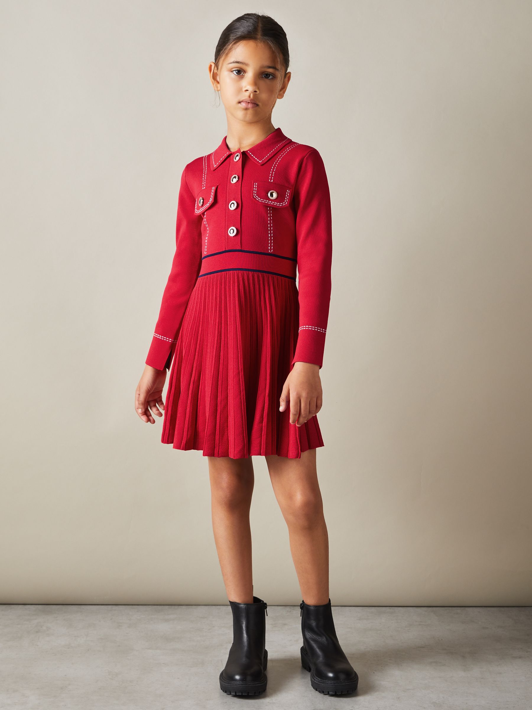 Knitted Contrast Stitch Dress in Red - Image 1 of 5