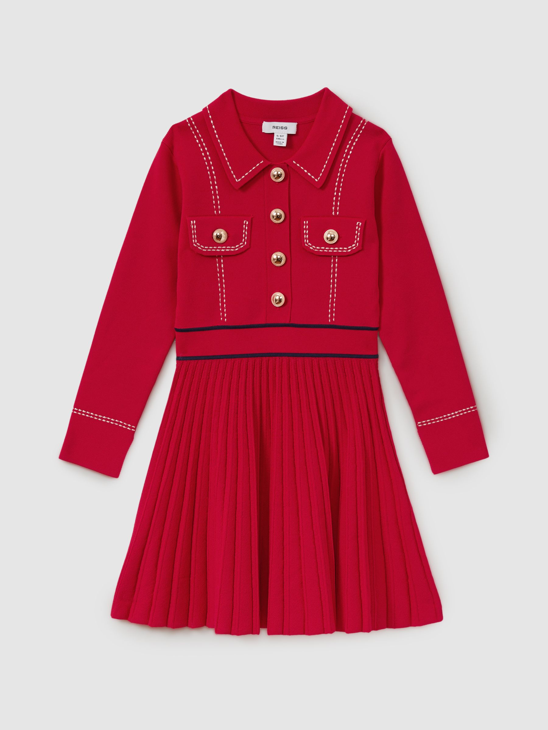 Knitted Contrast Stitch Dress in Red - Image 2 of 5