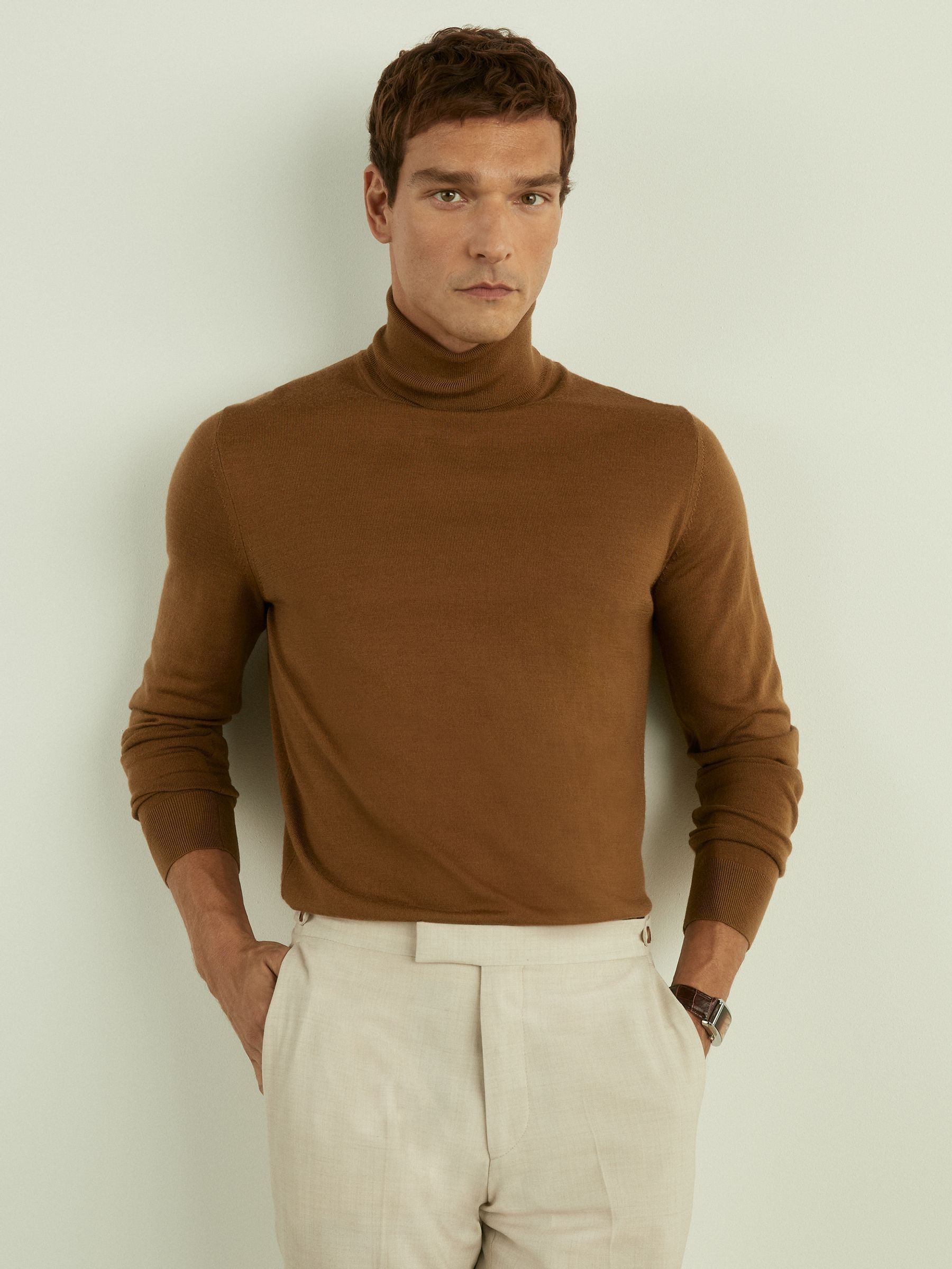 Merino Roll-Neck Jumper in Tobacco Brown - Image 3 of 6