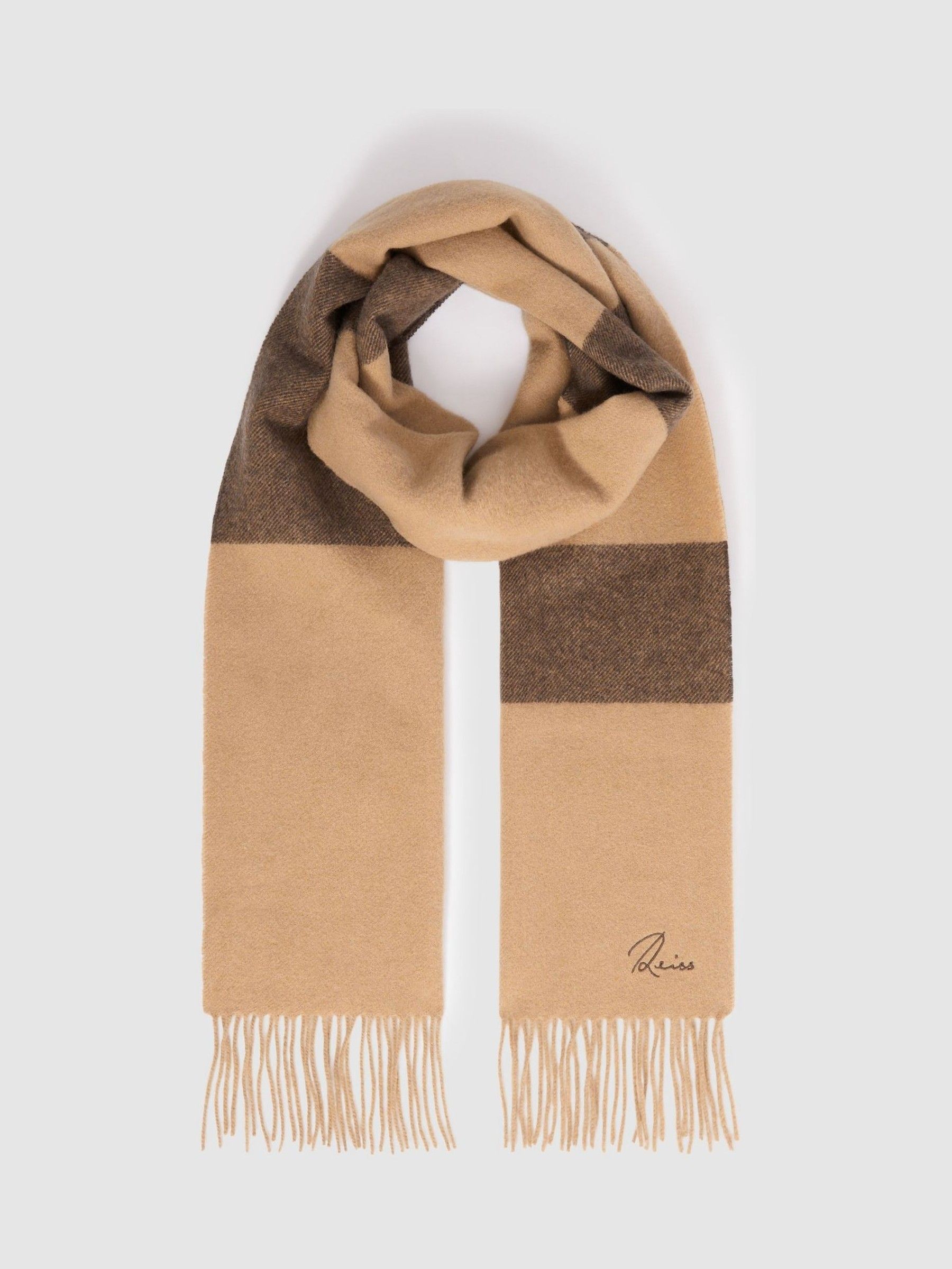 Wool and Cashmere Striped Scarf in Camel/Brown - Image 3 of 4