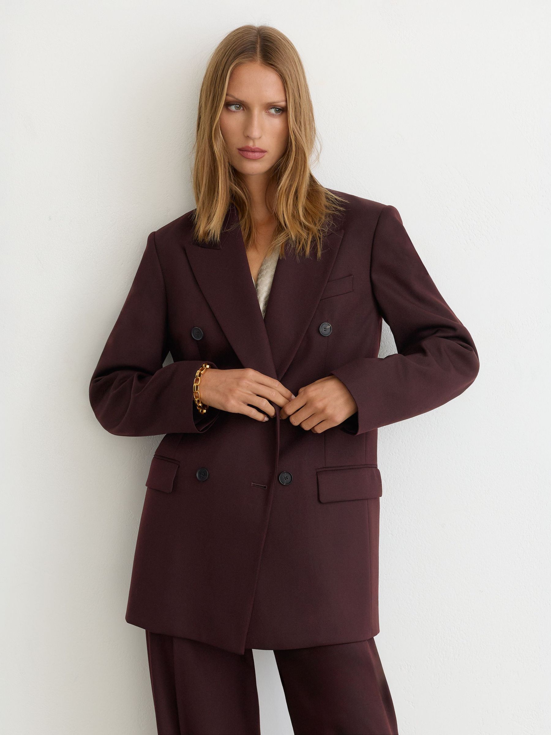 Tall Wool-Blend Double-Breasted Oversized Suit Blazer in Dark Aubergine - Image 7 of 11