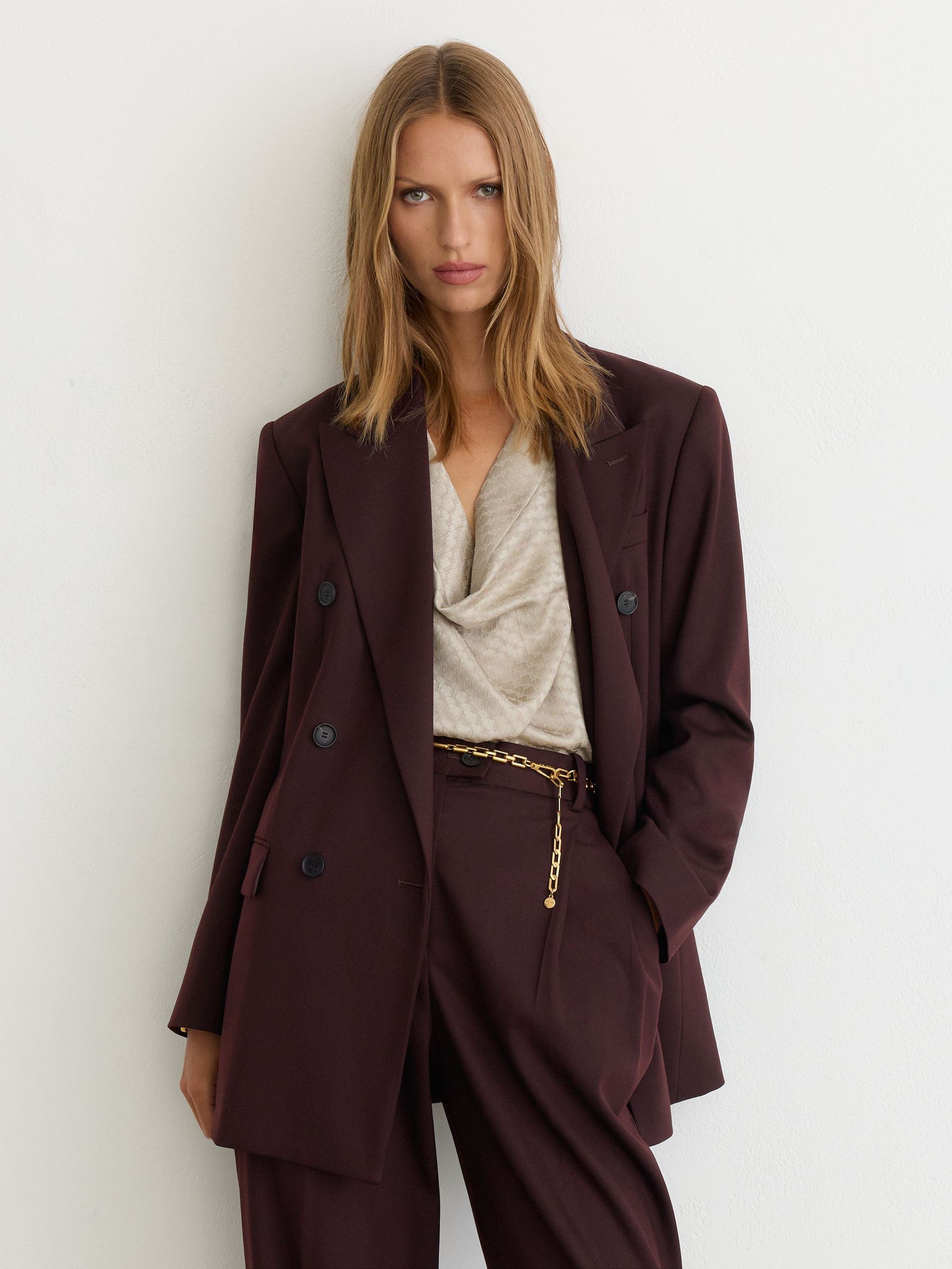 Tall Wool-Blend Double-Breasted Oversized Suit Blazer in Dark Aubergine - Image 8 of 11