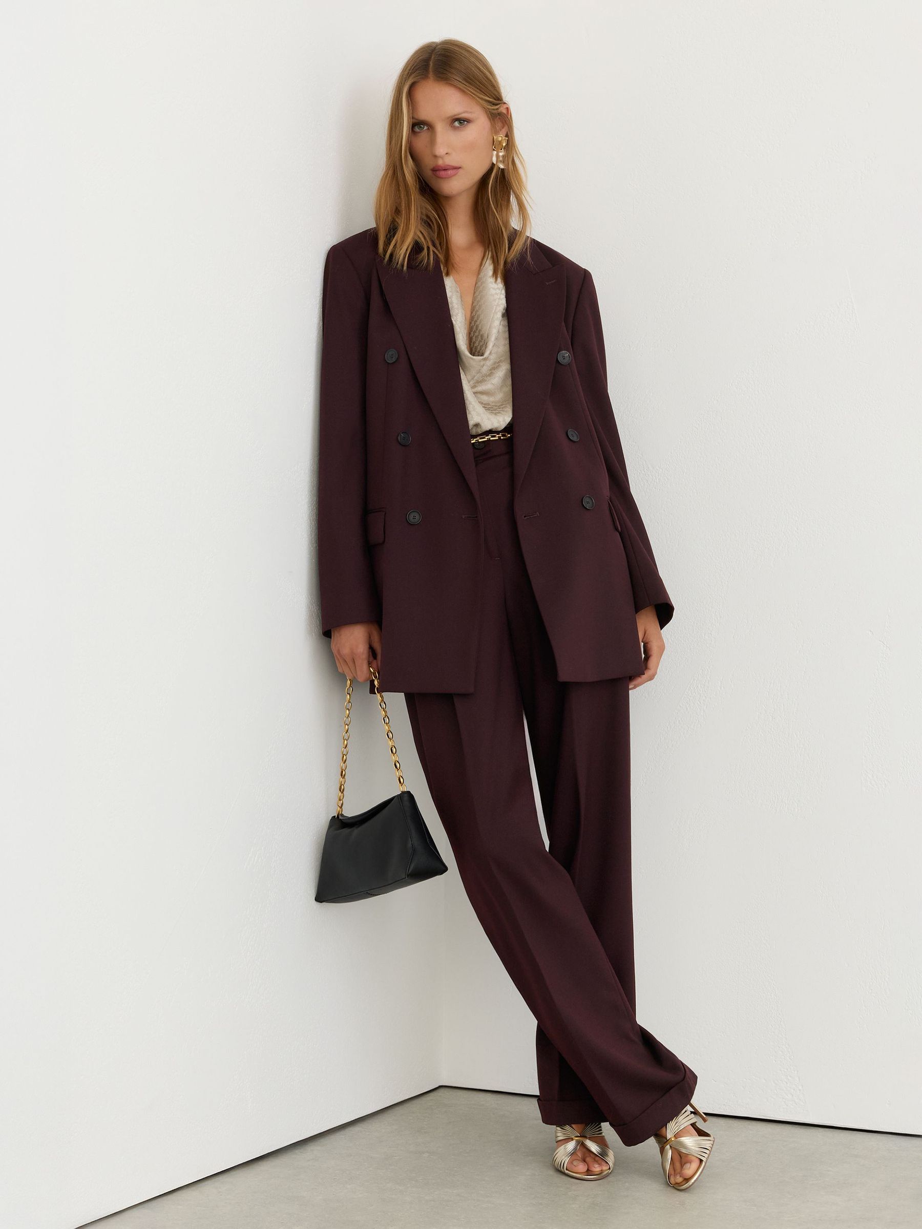 Tall Wool-Blend Double-Breasted Oversized Suit Blazer in Dark Aubergine - Image 9 of 11