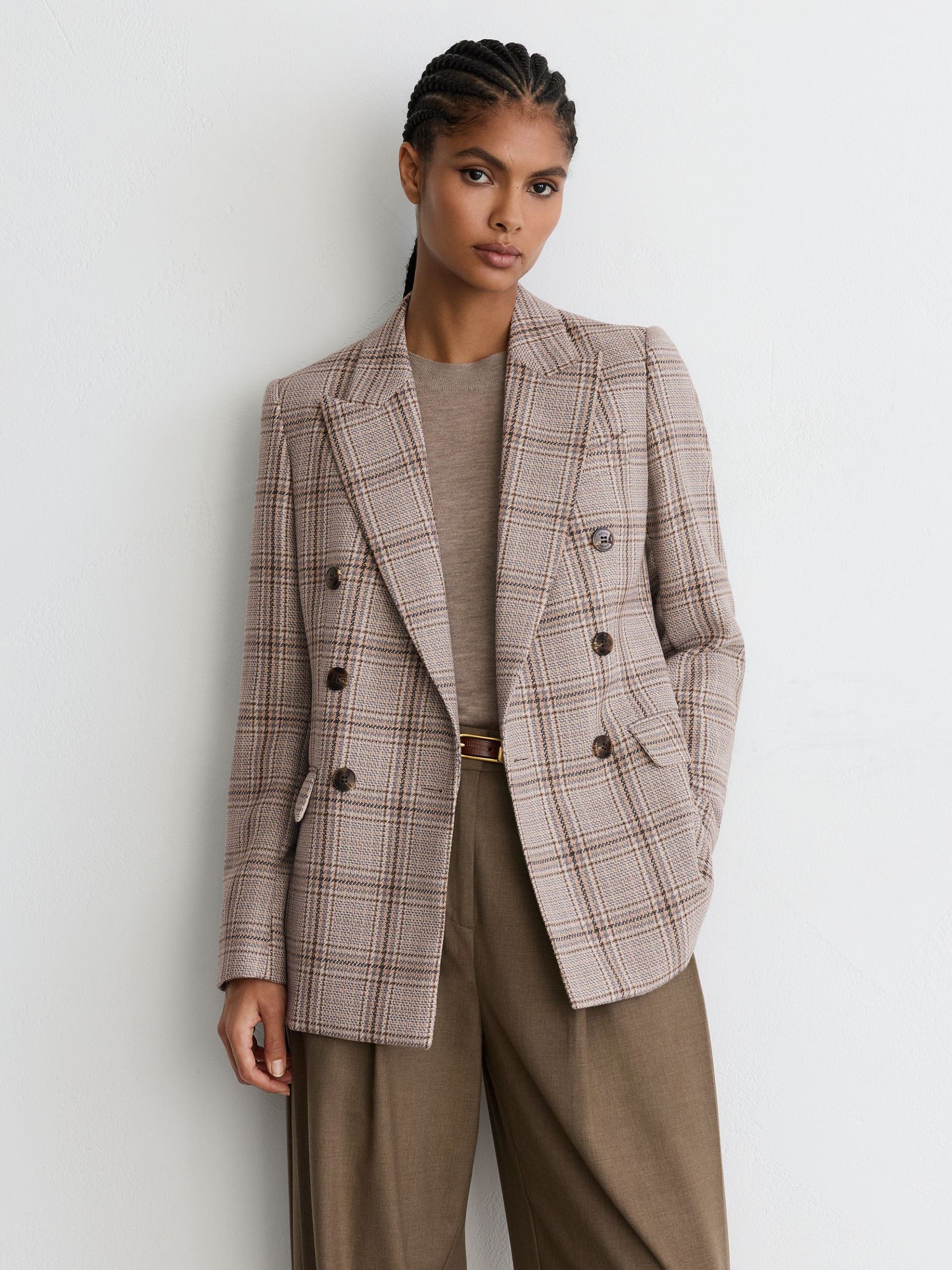 Wool-Blend Woven-Check Double-Breasted Blazer in Grey Check by Reiss