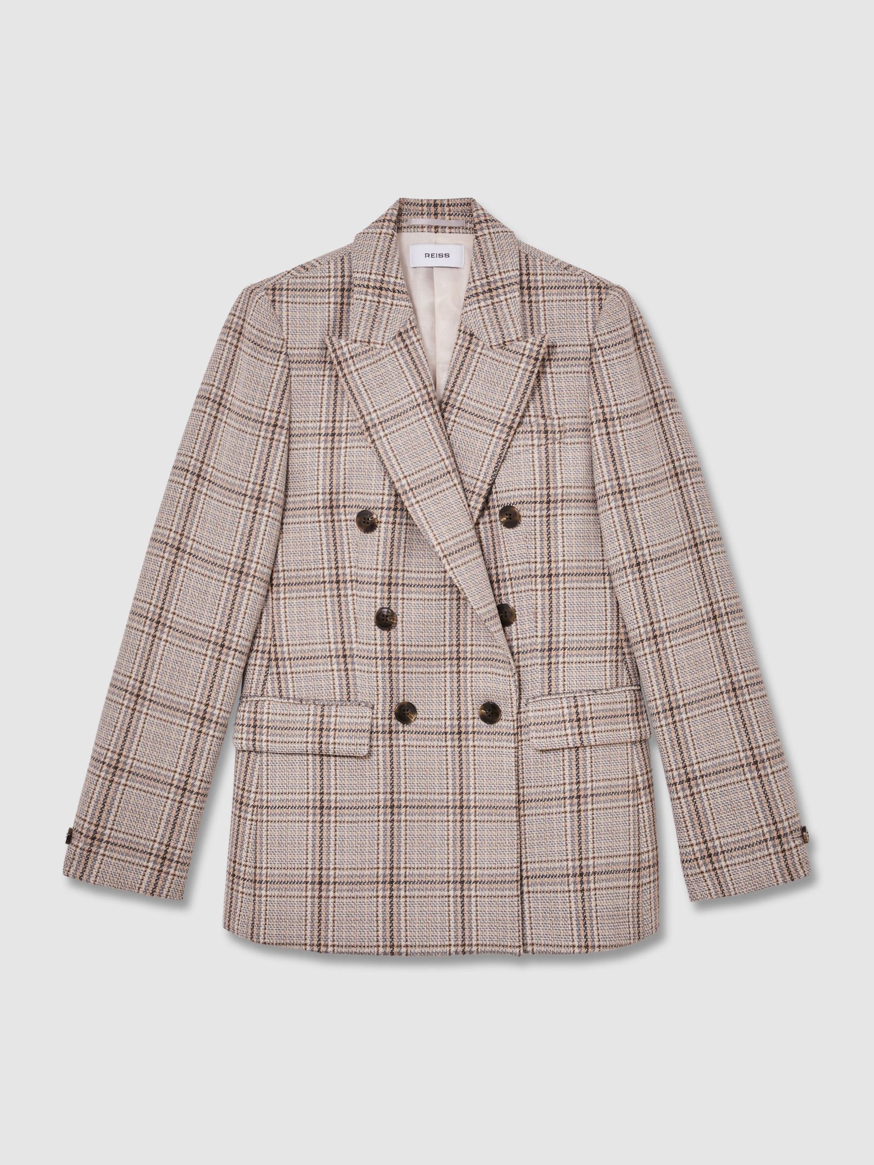 Wool-Blend Woven-Check Double-Breasted Blazer in Grey Check - Image 2 of 8
