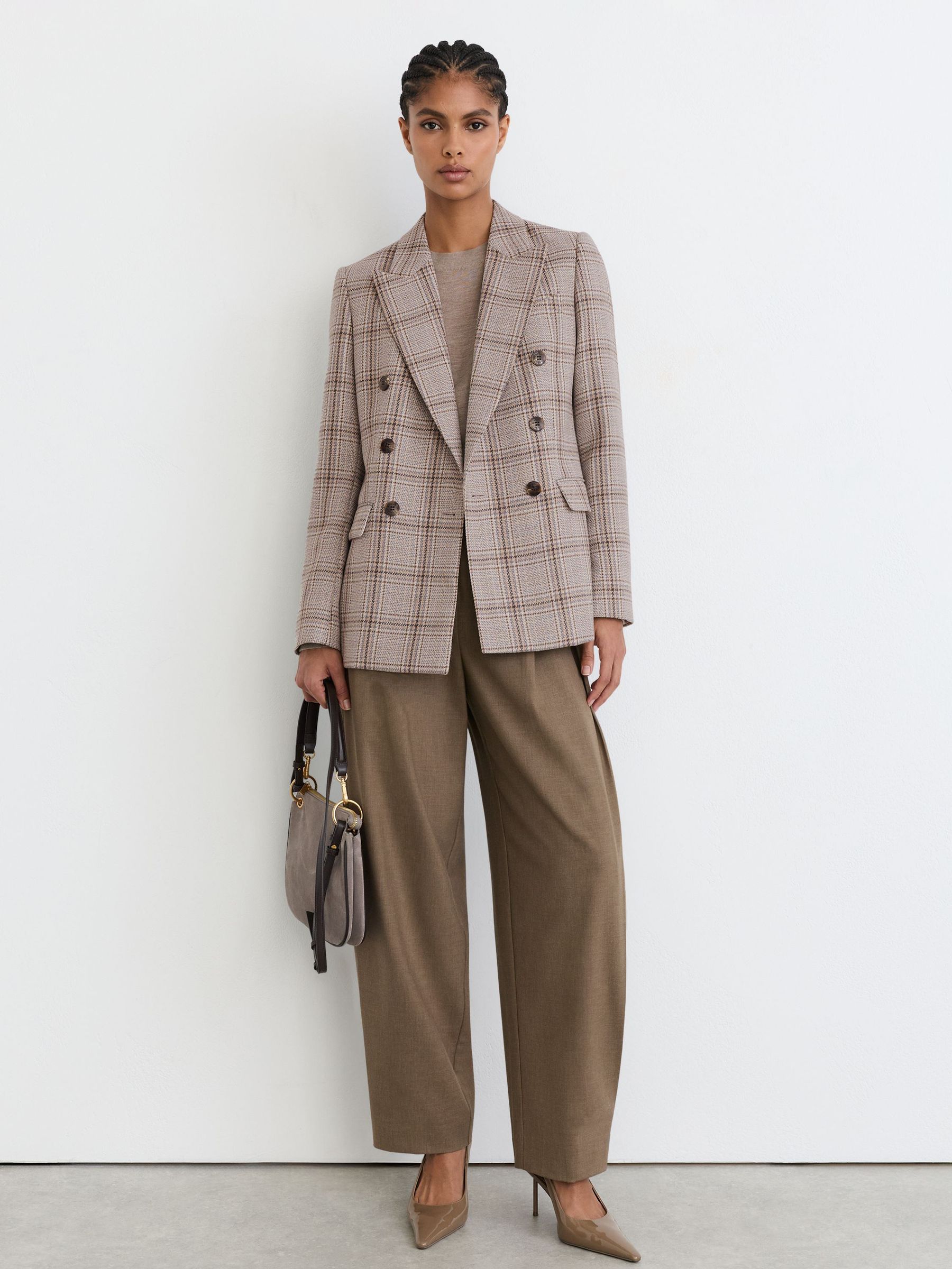 Reiss Wool-Blend Woven-Check Double-Breasted Blazer in Grey Check | REISS