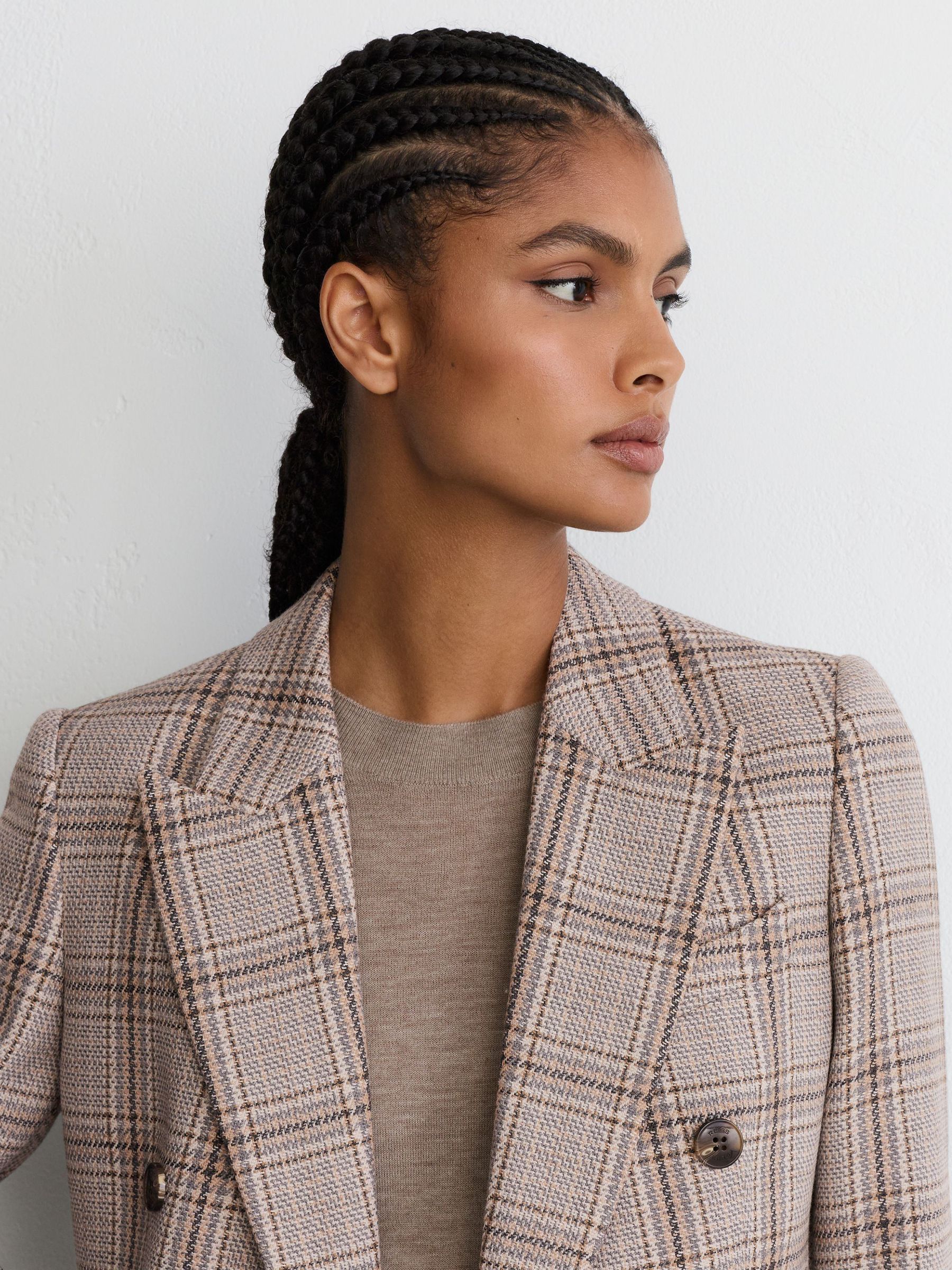 Reiss Wool-Blend Woven-Check Double-Breasted Blazer in Grey Check | REISS