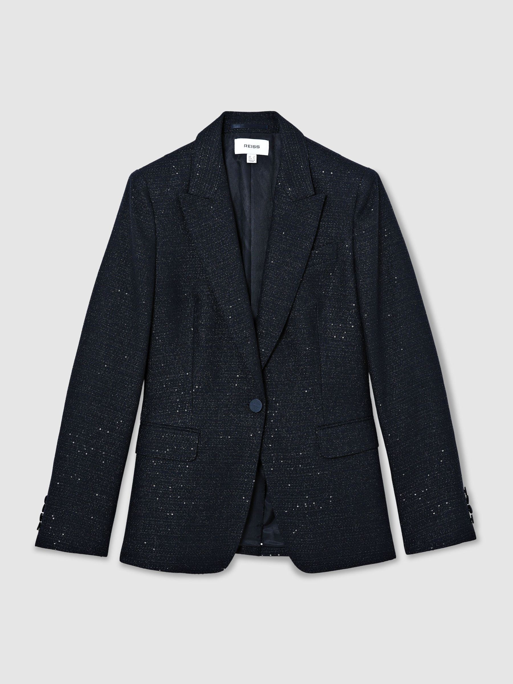 Sequin-Detail Single-Breasted Woven Blazer in Navy - Image 2 of 8 Sequin-Detail Single-Breasted Woven Blazer in Navy - Image 2 of 8